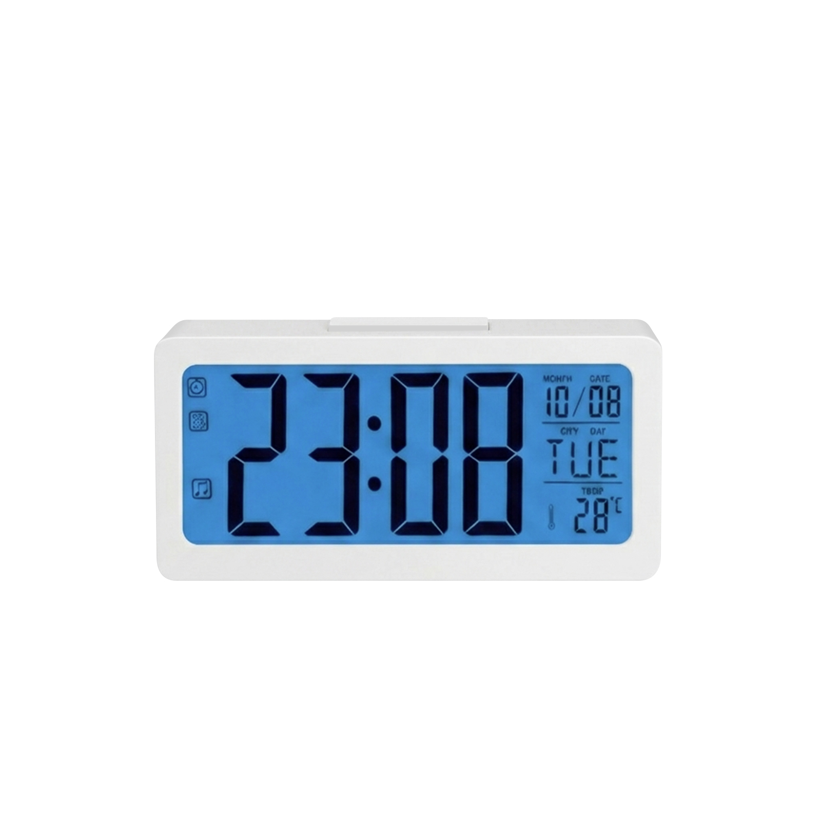 Digitaluhr zeigt 23:08, 10/08, Dienstag, 28°C an.