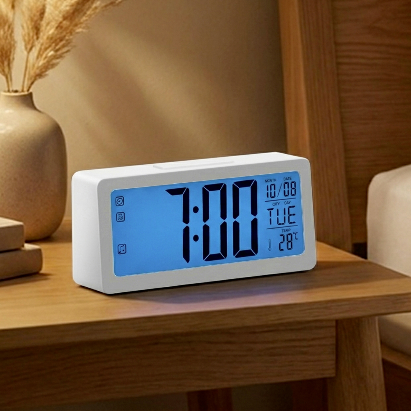 Ein weißer Digitalwecker zeigt 7:00, 8. Okt., Dienstag und 28°C an.