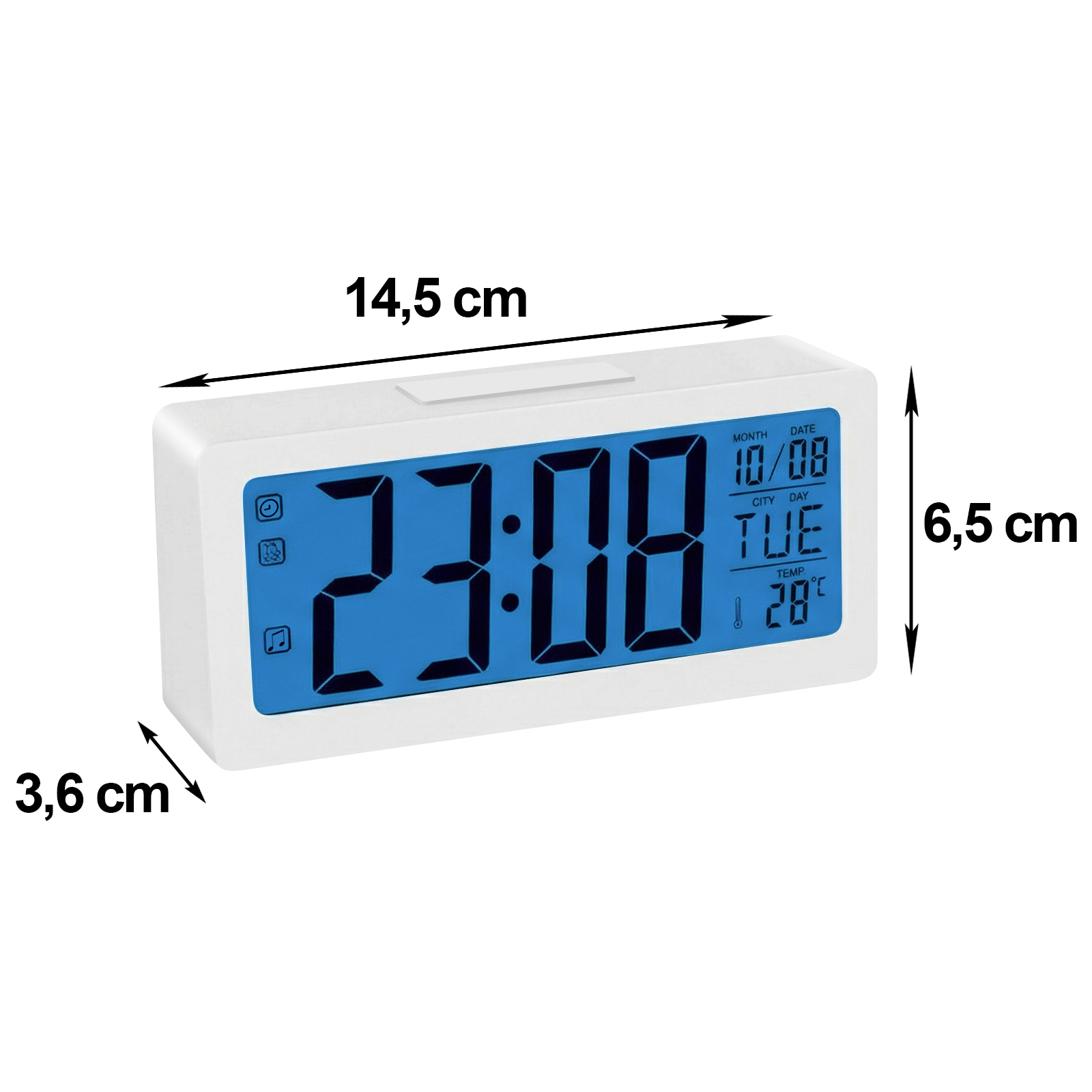 Digitaluhr mit blauem Display zeigt 23:08 Uhr, Datum, Tag und 28°C an.