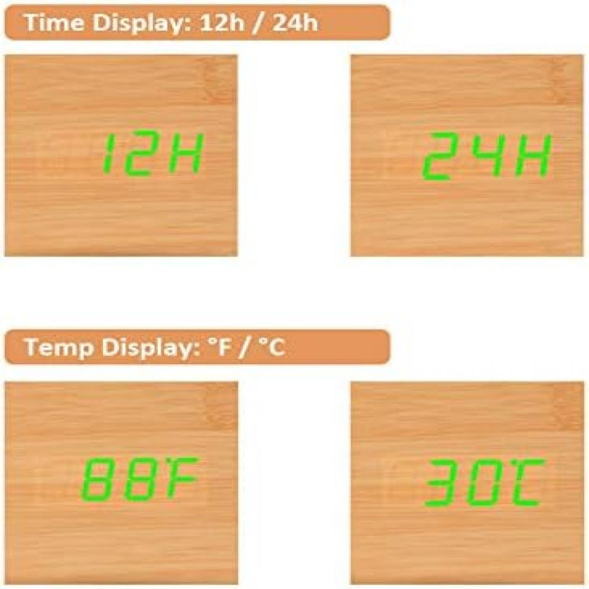 Holzuhr zeigt 12h, 24h Zeit und 88F, 30C Temperatur an.