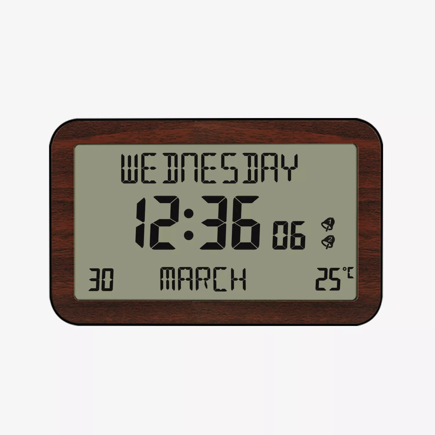 Digitaluhr zeigt Mittwoch, 12:36 Uhr, 30. März, 25 Grad.