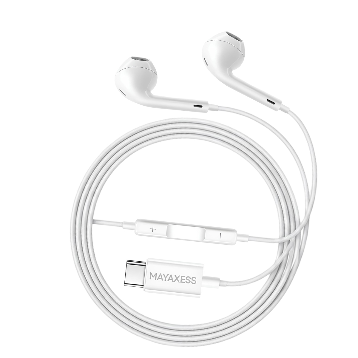 Auricolari bianchi con connettore USB-C e telecomando in linea su sfondo bianco.