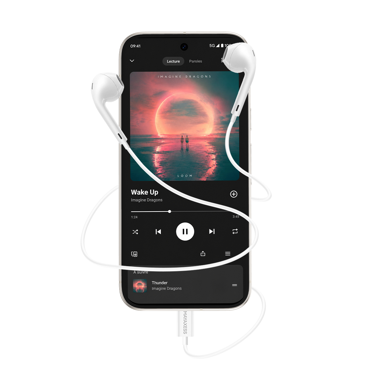 Uno smartphone mostra un'app musicale con la canzone 'Wake Up' degli Imagine Dragons e auricolari bianchi.