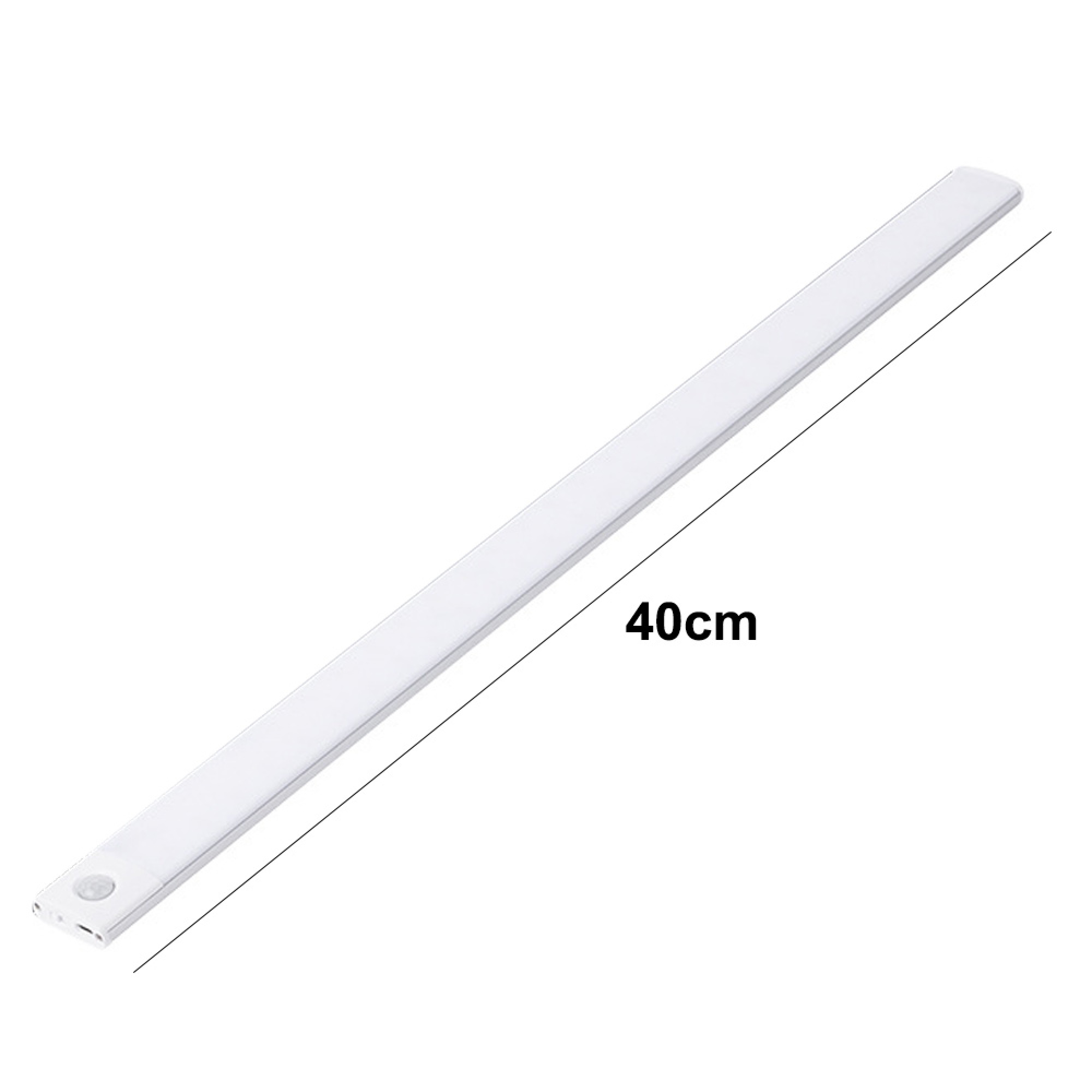 Ein 40 cm langer, weißer LED-Streifen mit Bewegungssensor.