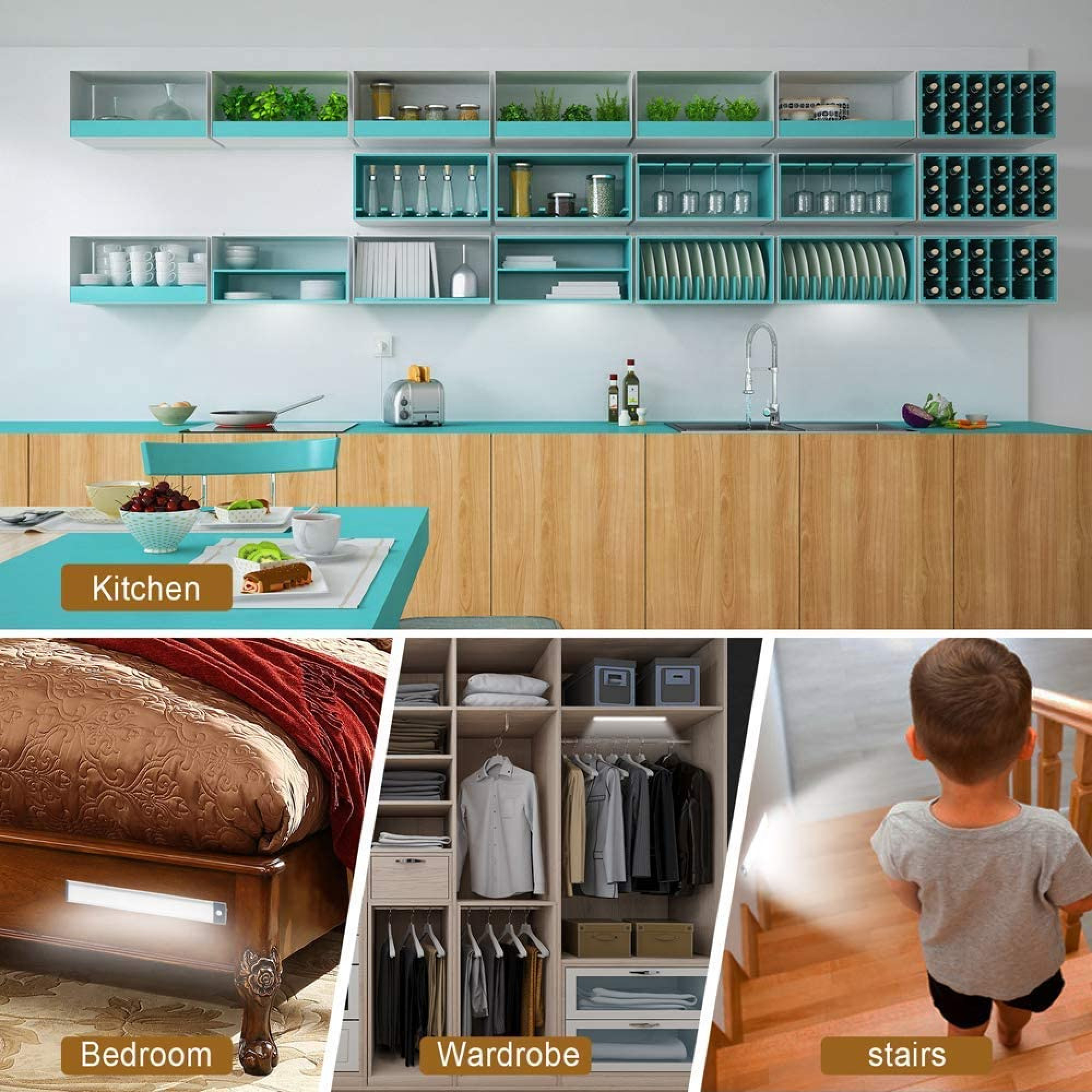 Collage mit Küche, Schlafzimmer, Kleiderschrank und Treppe. Ein Nachttischlicht ist sichtbar.