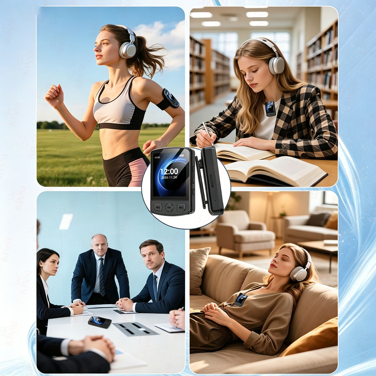 Eine Frau läuft im Freien, eine Frau lernt in einer Bibliothek, ein Gerät und eine Frau entspannt sich.