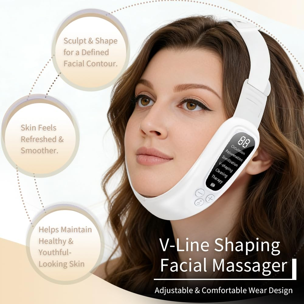 Eine Frau trägt ein weißes V-Linien-Gesichtsmassagegerät, das ihre Kinnpartie formt.