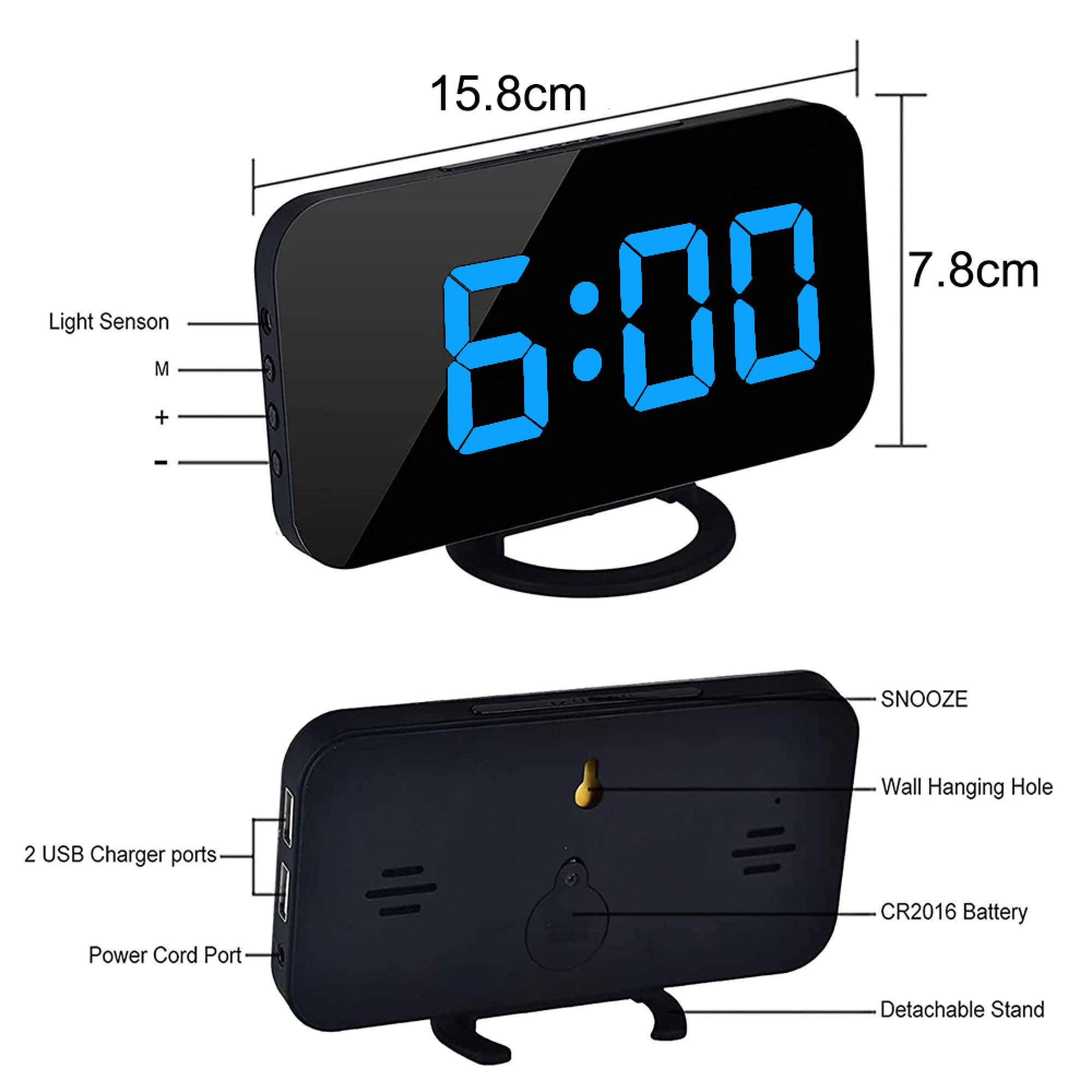 Digitaluhr mit blauen Ziffern, Snooze, USB-Anschlüssen und abnehmbarem Ständer.
