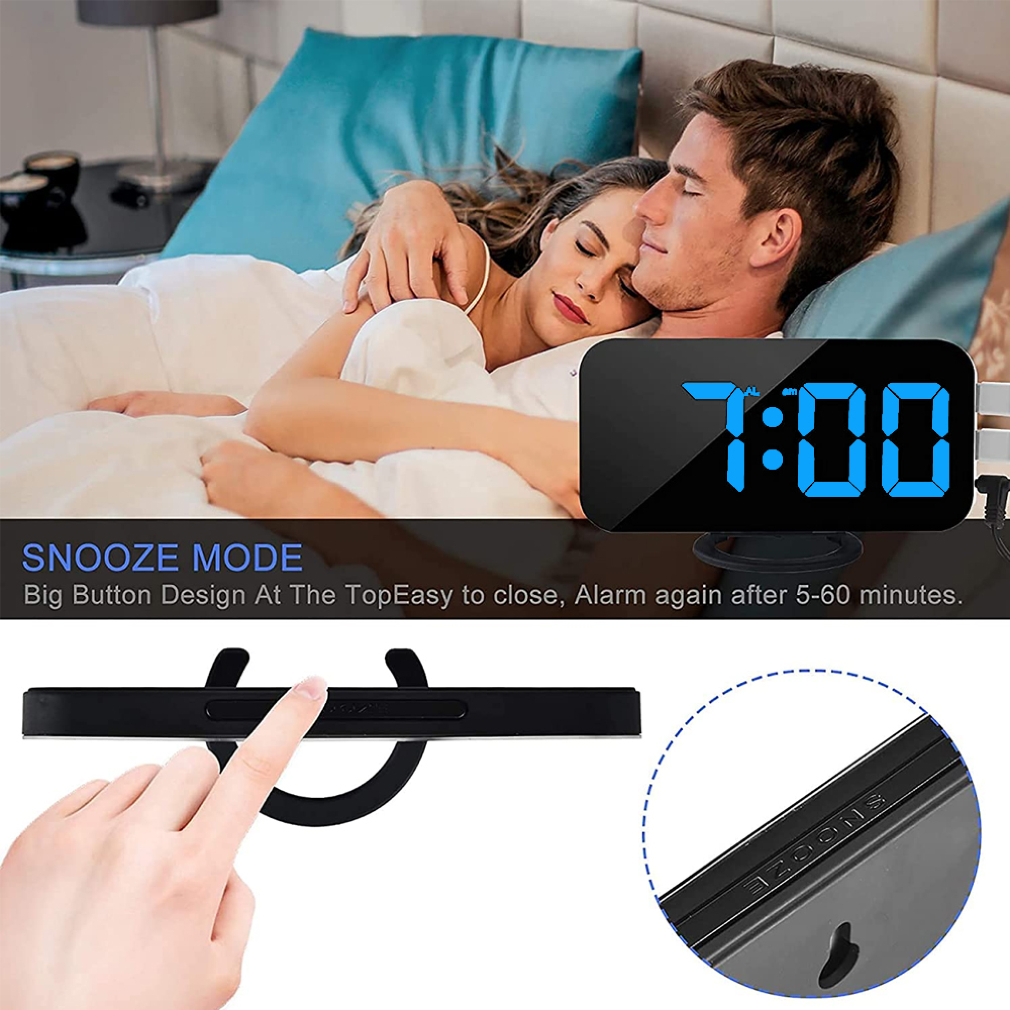 Ein Paar schläft im Bett, ein Wecker zeigt 7:00 Uhr an.