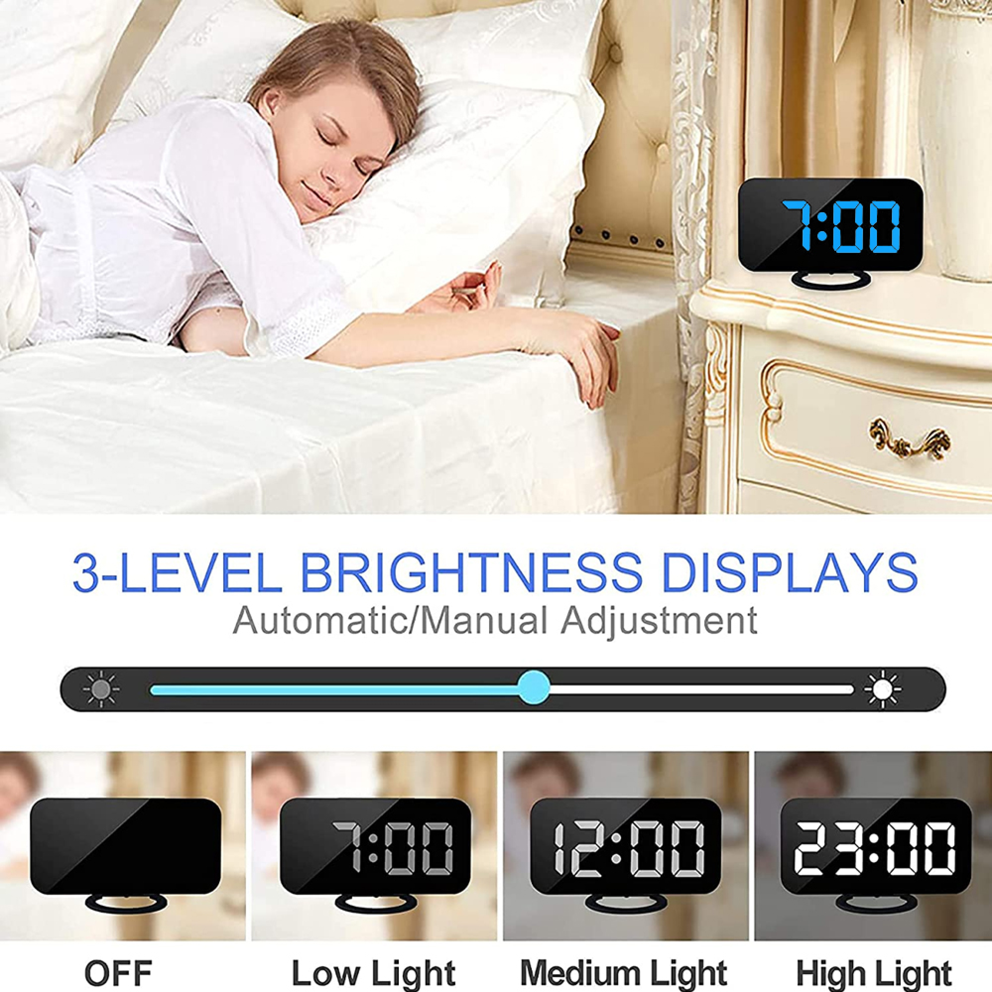 Frau schläft im Bett, ein digitaler Wecker zeigt 7:00 auf dem Nachttisch.