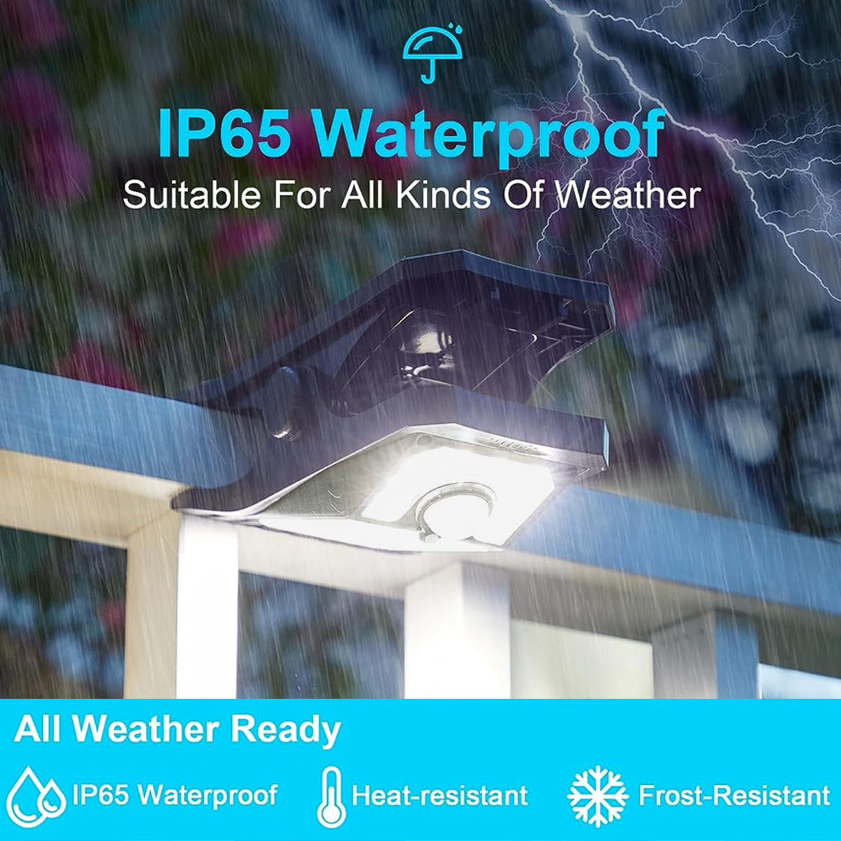 IP65 wasserdichte Lampe an Geländer, mit Regen und Blitz im Hintergrund.