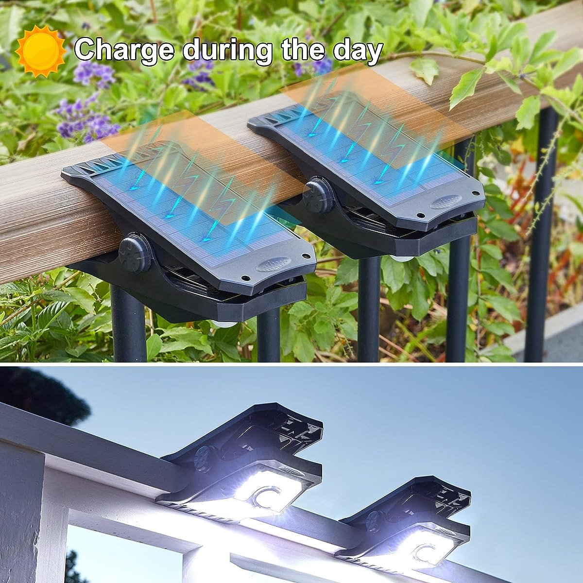Zwei Solarleuchten laden tagsüber auf und leuchten nachts.
