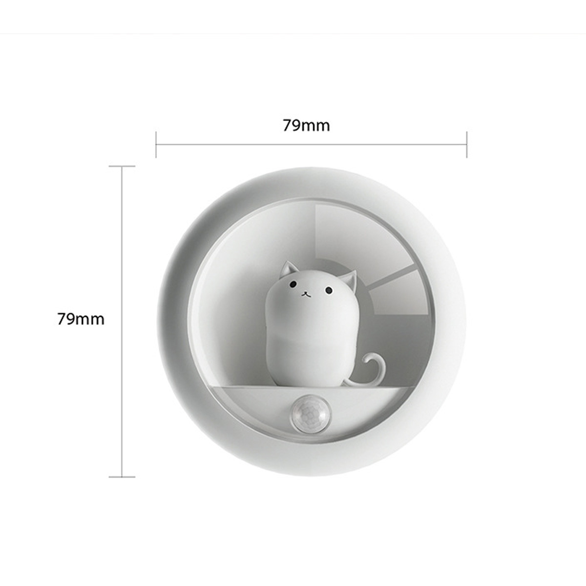 Eine weiße Nachtlampe in Katzenform mit einem Bewegungssensor darunter.