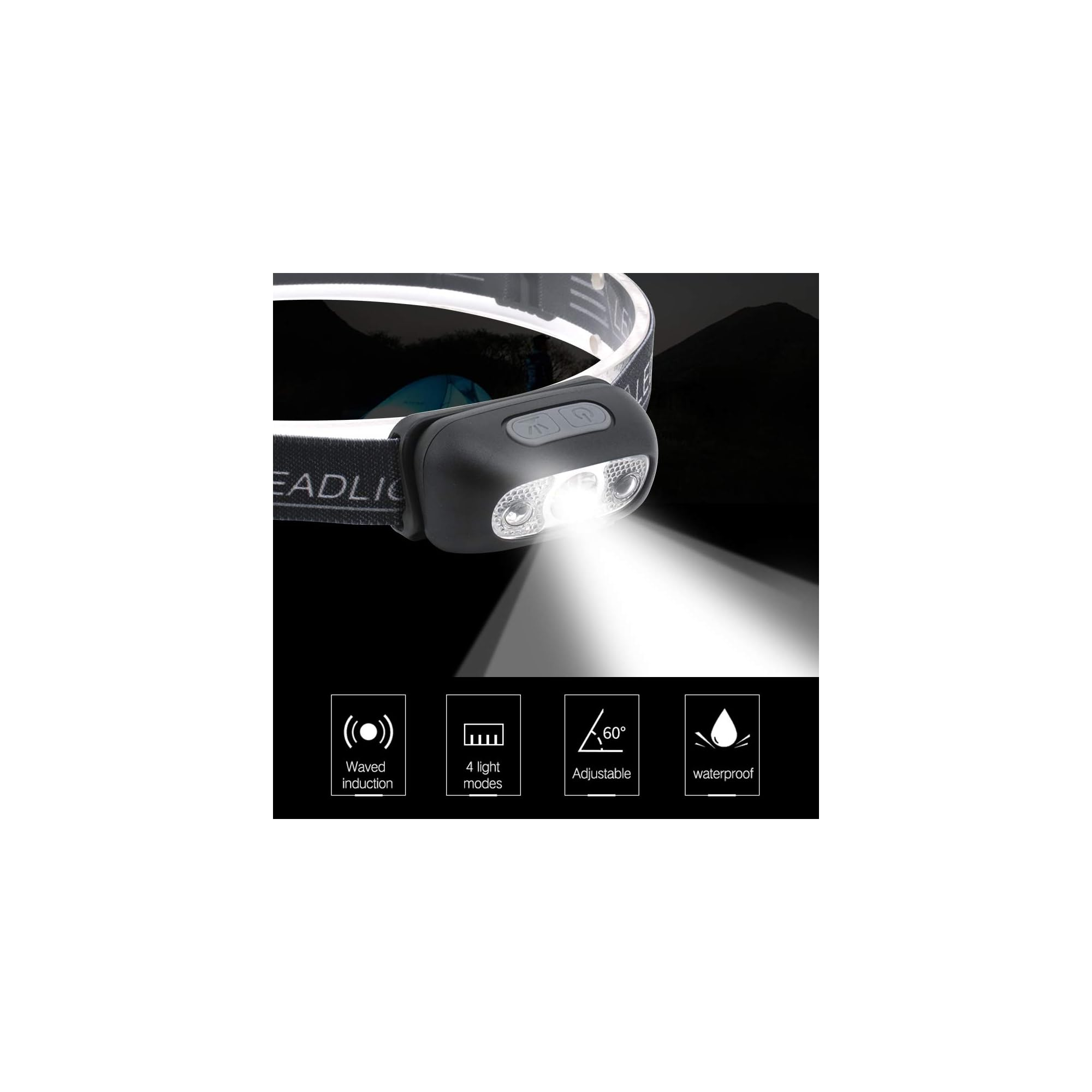 Schwarze Stirnlampe mit zwei weißen Lichtern, zeigt Merkmale wie Welleninduktion, 4 Modi, verstellbar, wasserdicht.