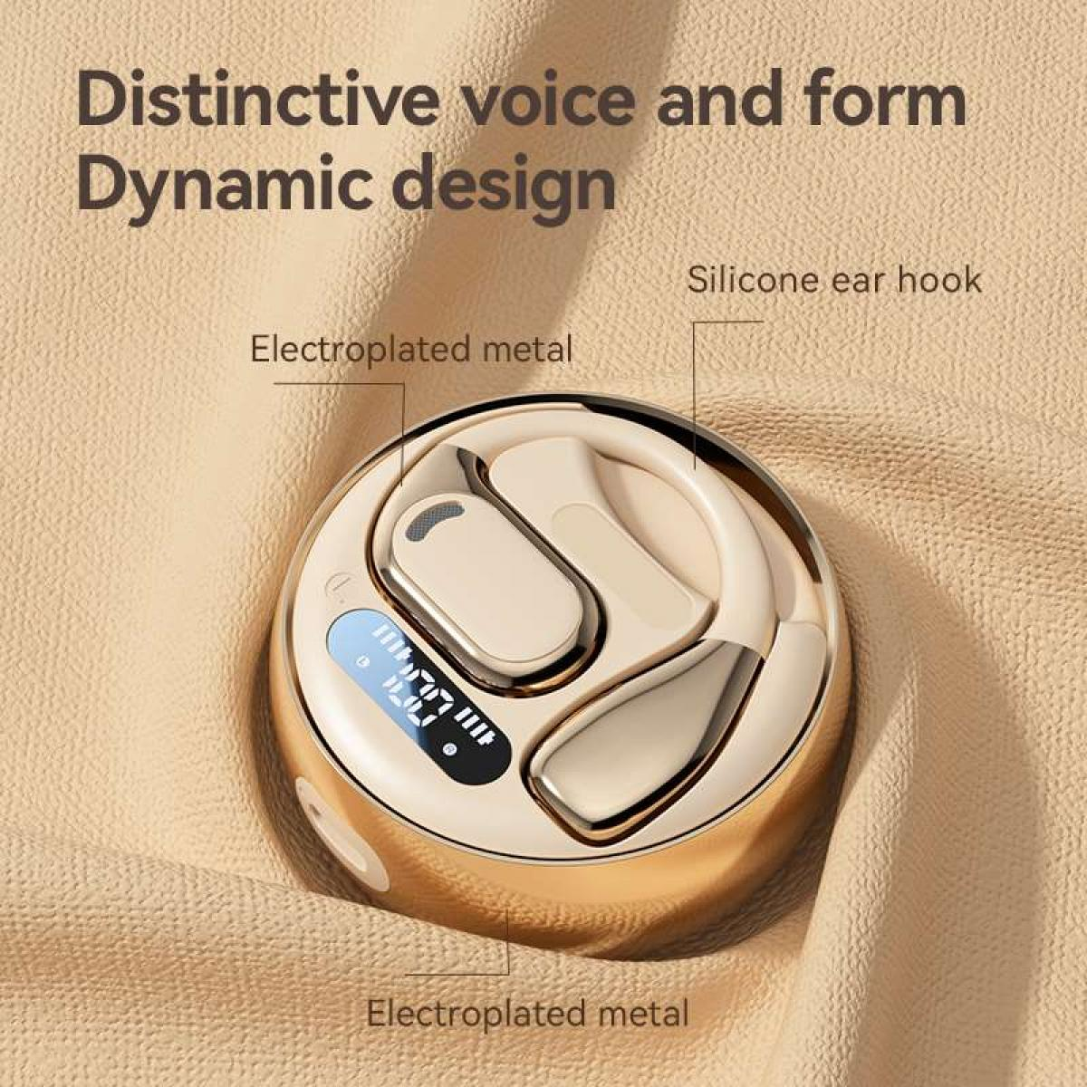Goldfarbenes Ladecase mit Ohrhörern, "Silicone ear hook" und "Electroplated metal" Beschriftungen.