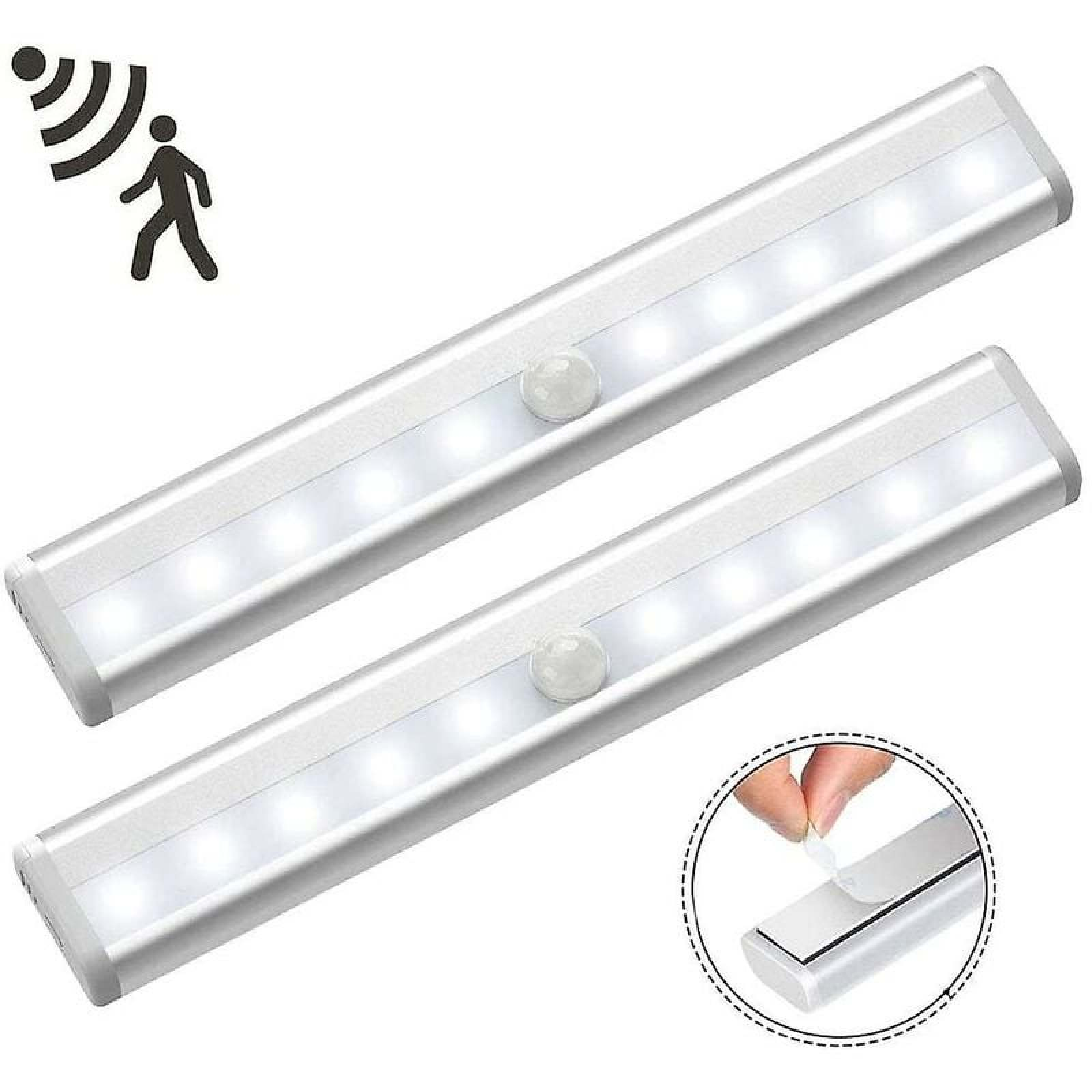 Zwei silberne LED-Leuchten mit Bewegungssensor, weiße Lichter leuchten.