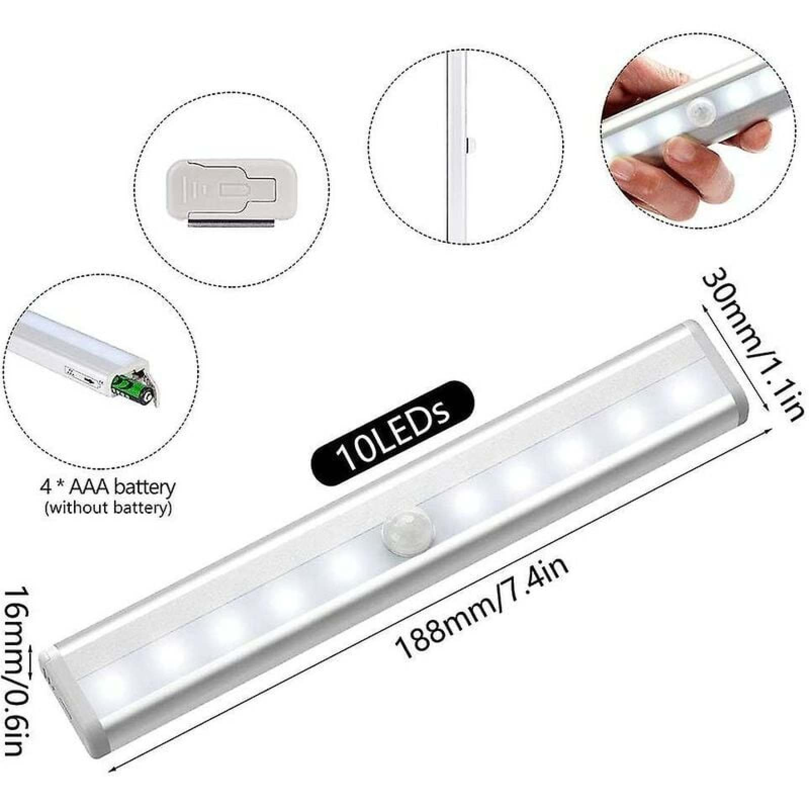 Ein silberner LED-Streifen mit 10 LEDs, Bewegungssensor und Maßen.