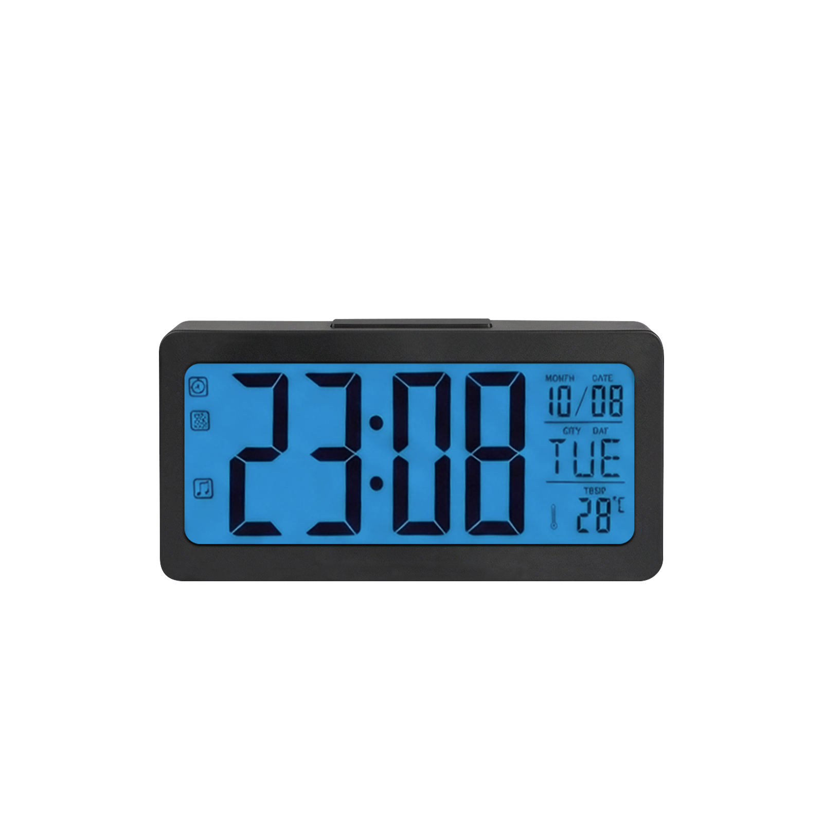 Digitaluhr zeigt 23:08, Datum 10/08, Tag DI und Temp 28C.