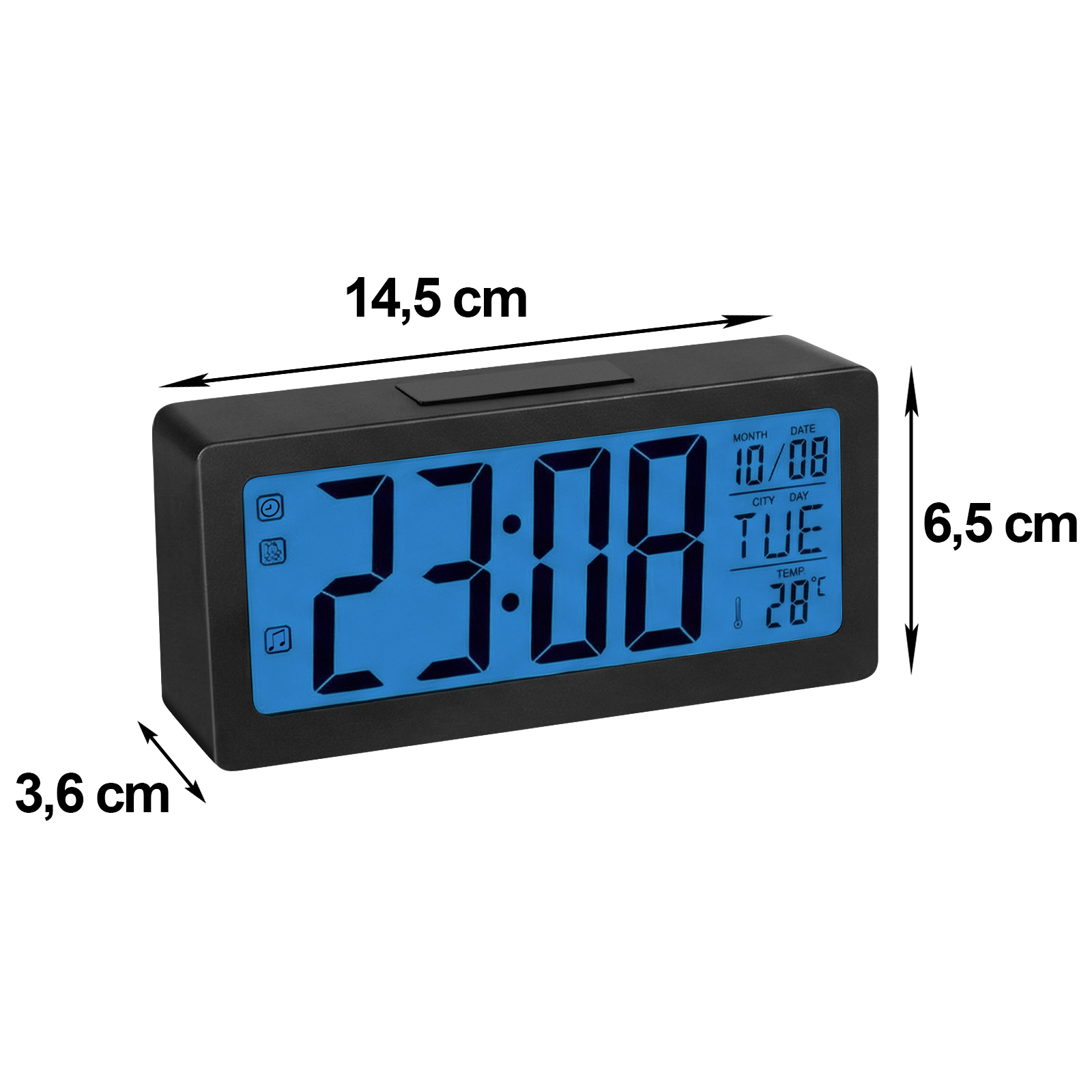 Digitaluhr zeigt 23:08, Datum 10/08, Tag Di und 28 Grad an.