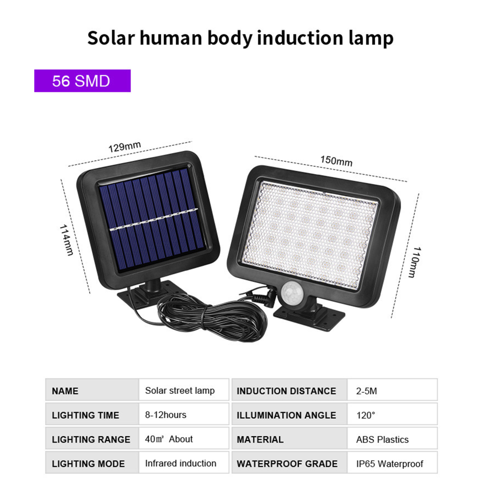 Solarpanel und LED-Lampe mit Bewegungssensor, Maße 129x114mm und 150x110mm.