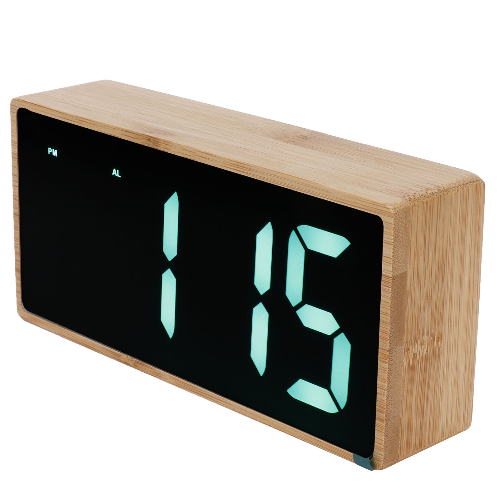 Ein Holzwecker mit digitaler Anzeige zeigt 1:15 an.