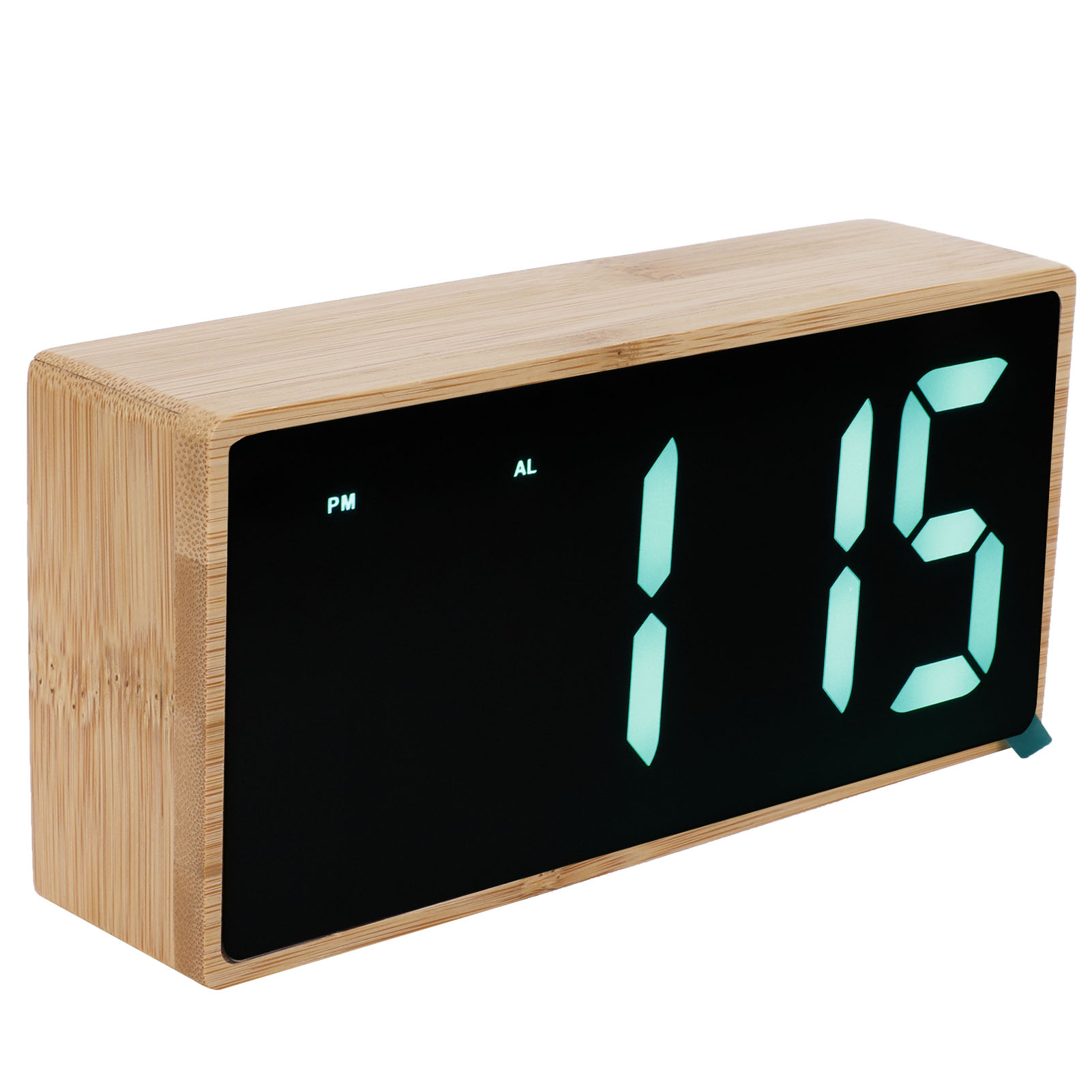 Ein digitaler Wecker aus Holz zeigt 1:15 Uhr an.