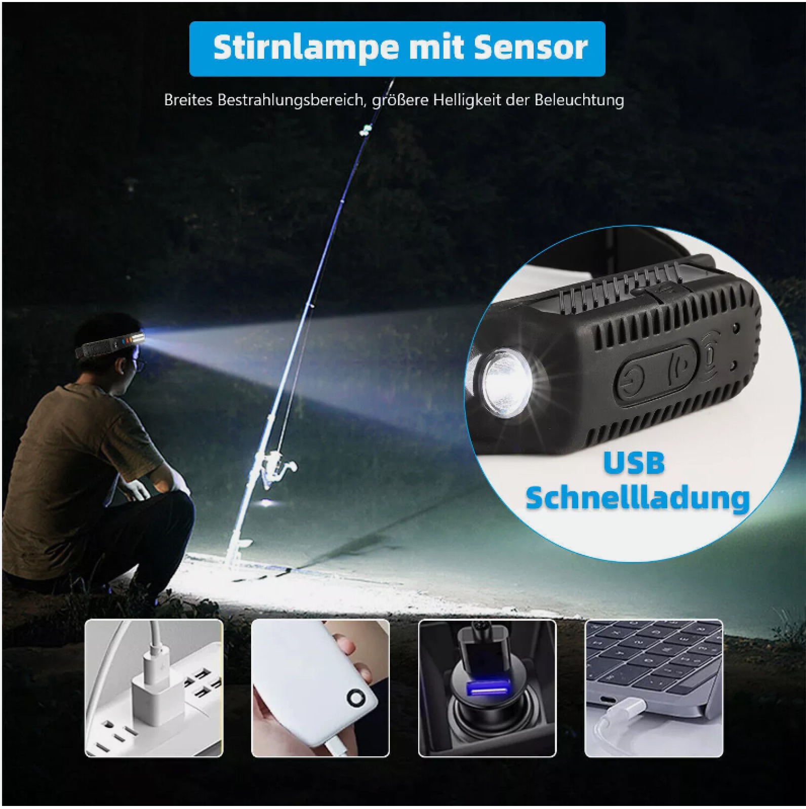 Mann mit Stirnlampe beim Angeln bei Nacht; Nahaufnahme der Lampe und Ladeoptionen.