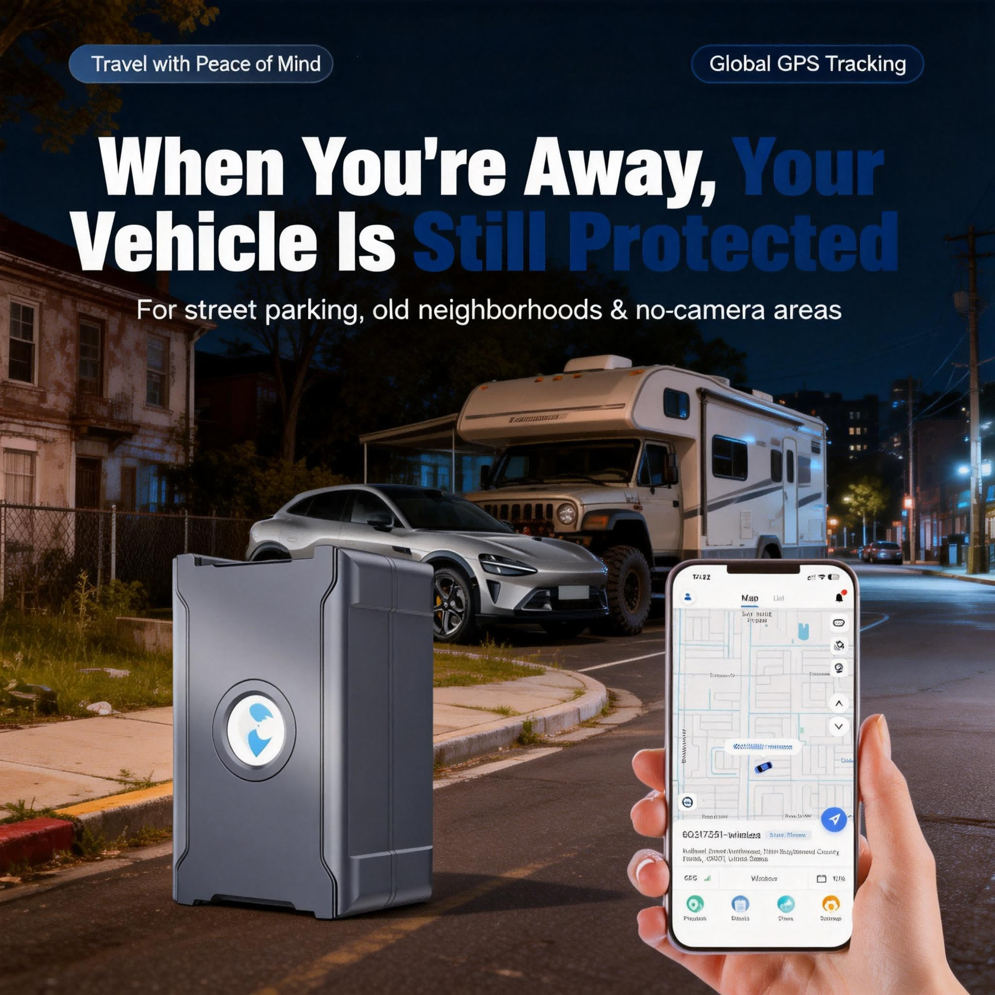 Ein grauer GPS-Tracker steht vor einem Wohnmobil und einem Auto in einer Seitenstraße bei Nacht.