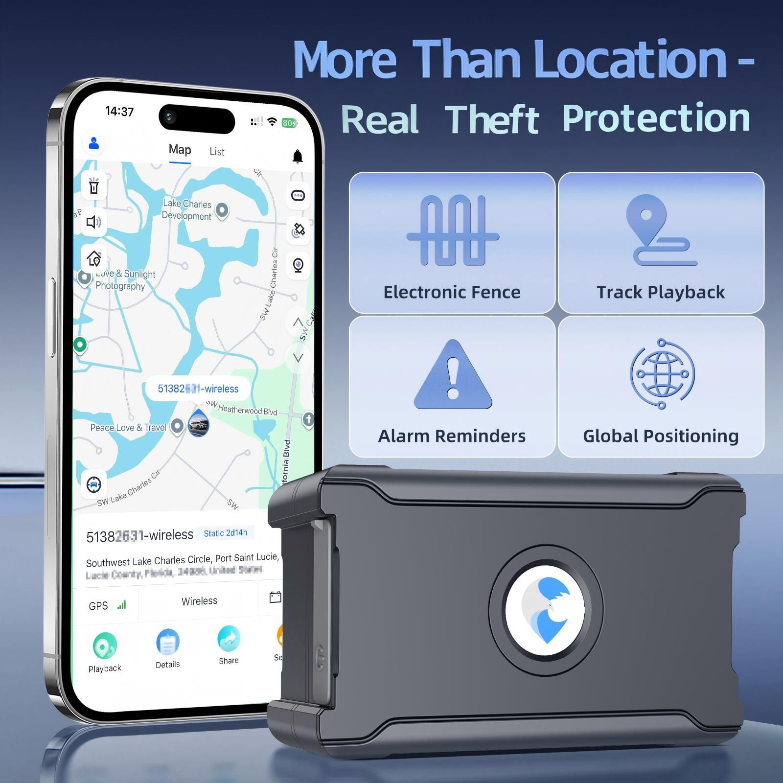 Ein Smartphone zeigt eine Karte mit einem GPS-Tracker. Vier Funktionen sind aufgeführt.