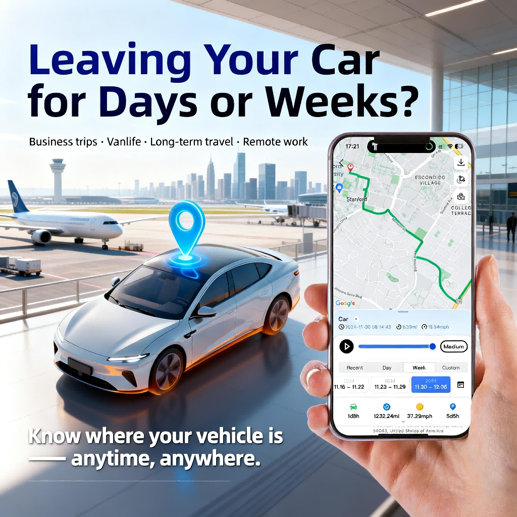 Ein weißes Auto mit GPS-Tracker steht am Flughafen neben einem Flugzeug. Eine Hand hält ein Smartphone mit einer Karten-App.