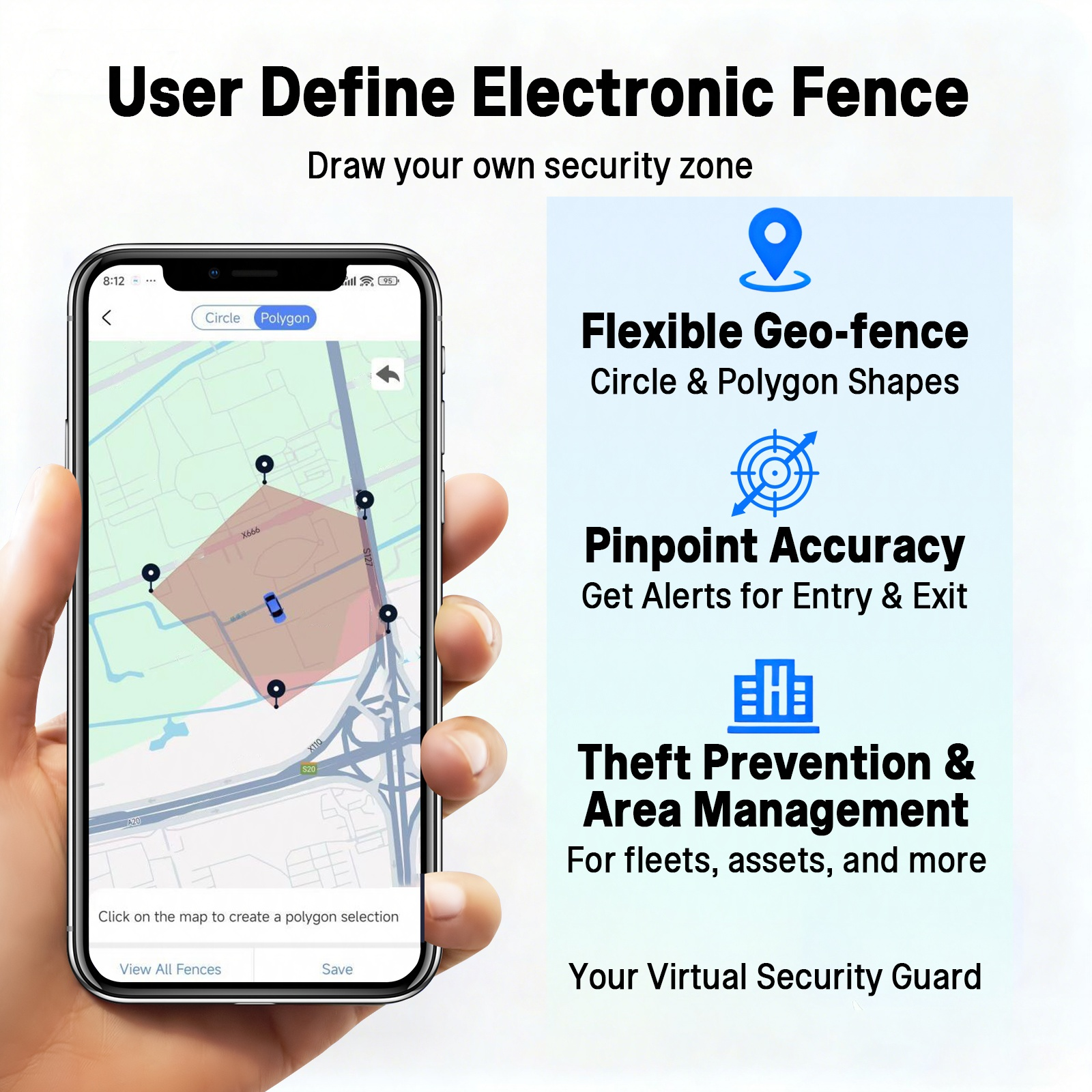Hand hält Smartphone mit Karte, zeigt Geo-Zaun-App mit Polygon-Auswahl.