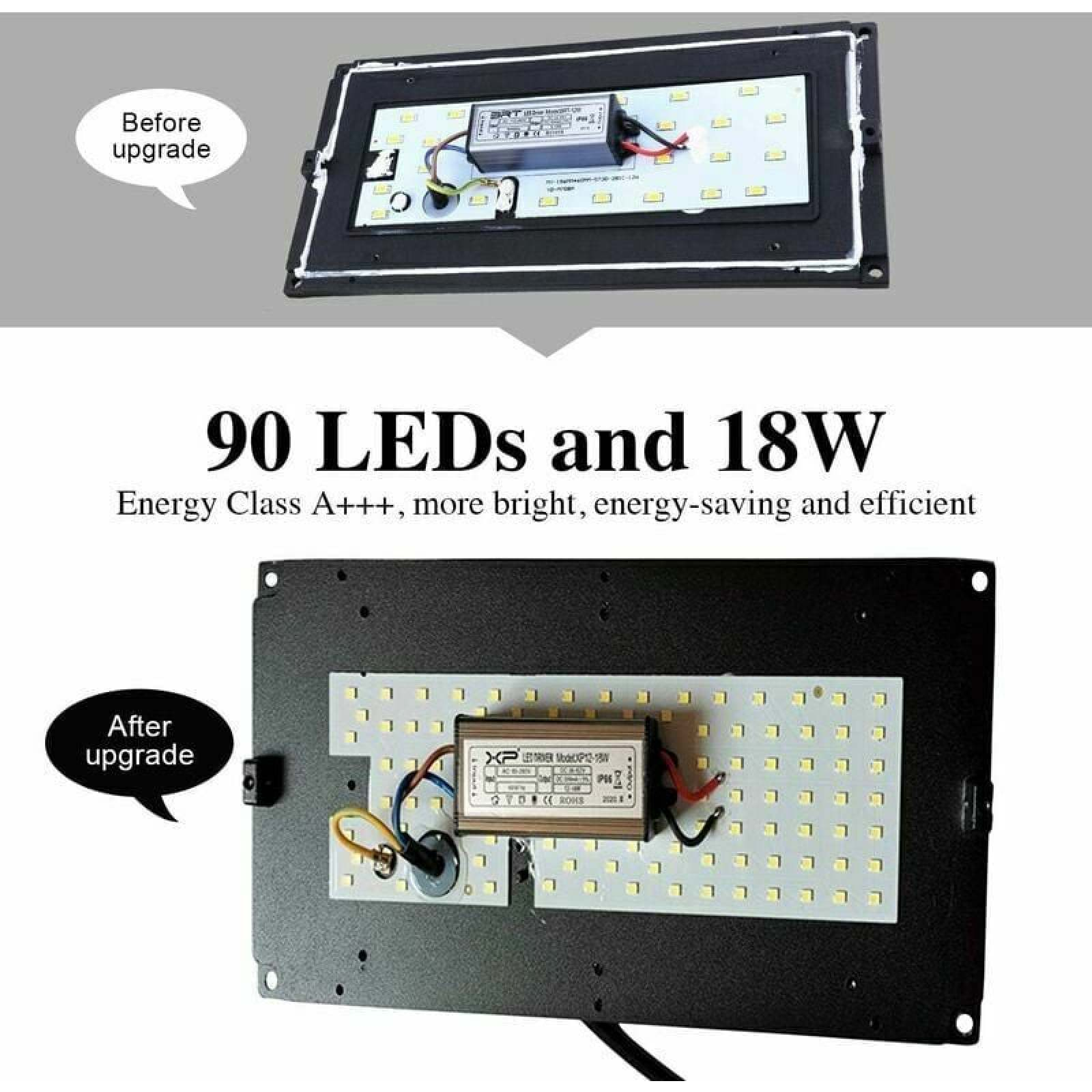 Oben: LED-Panel vor Upgrade. Unten: Nach Upgrade, 90 LEDs, 18W.