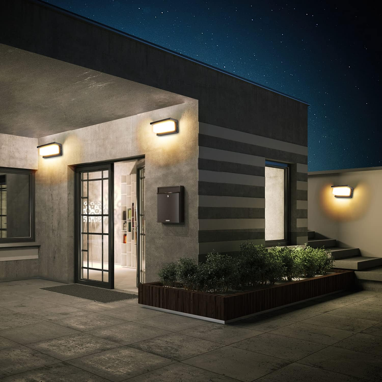 Modernes Hausaußen interieur bei Nacht mit Außenbeleuchtung, Pflanzen und Sternenhimmel.
