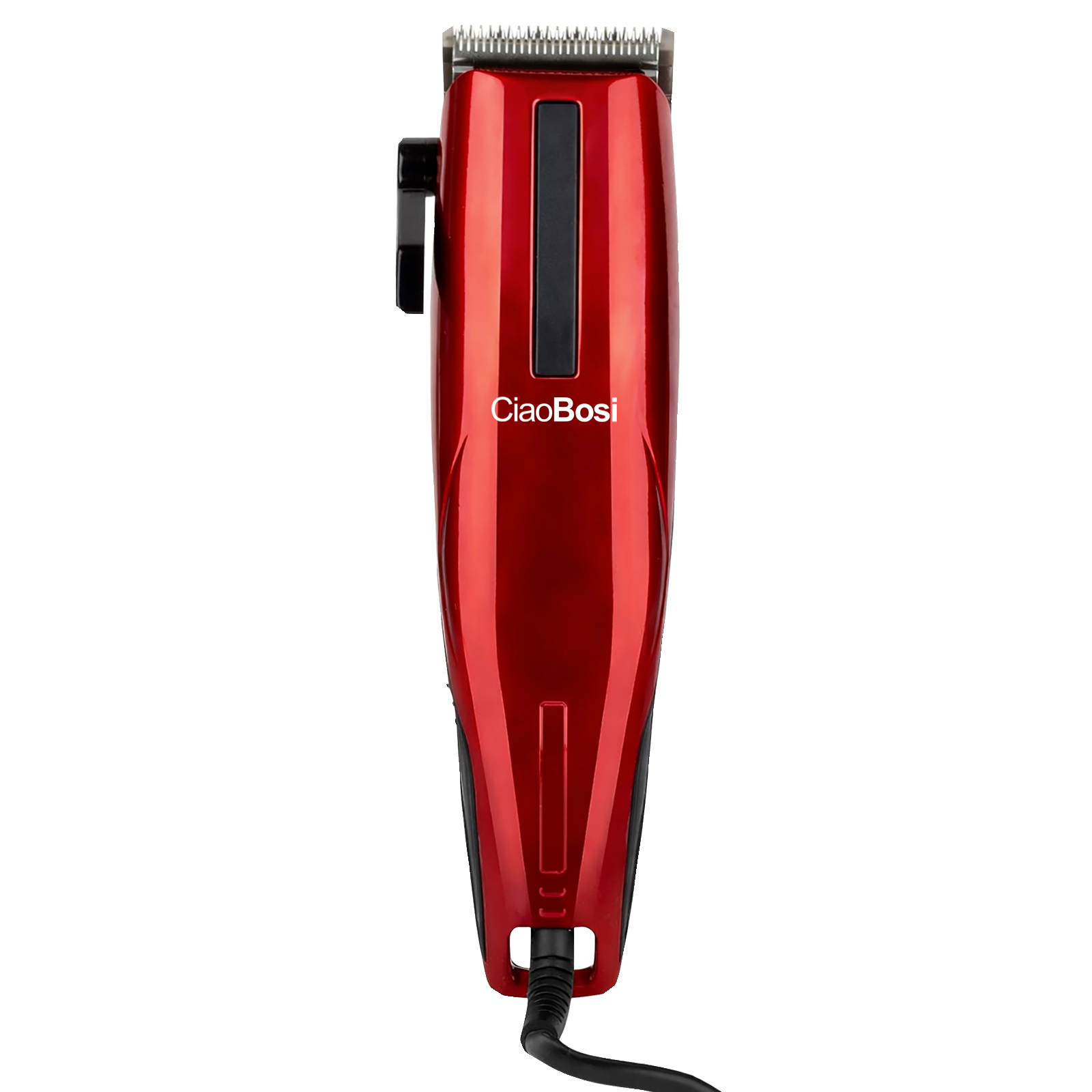 Roter Haarschneider mit schwarzem Kabel und Logo.
