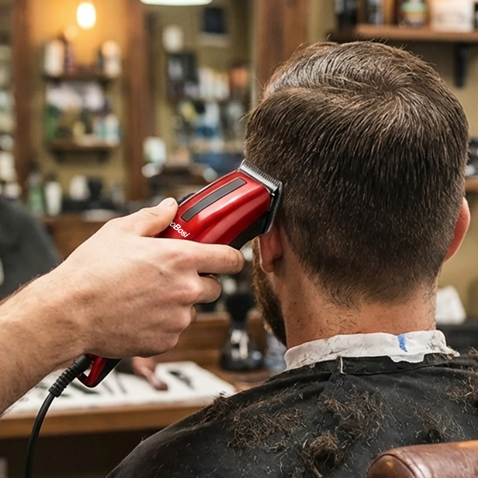 Ein roter Haartrimmer wird am Hinterkopf eines Mannes verwendet.