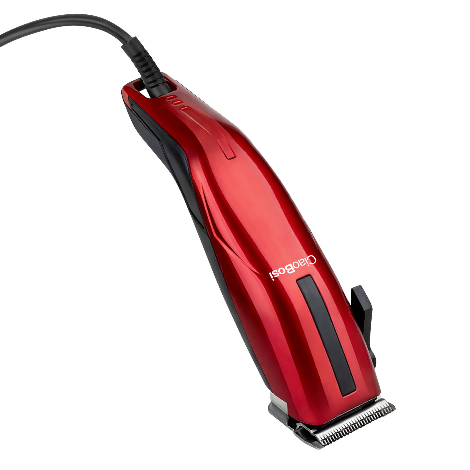 Ein roter Haarschneider mit schwarzem Kabel und Klingenschutz.