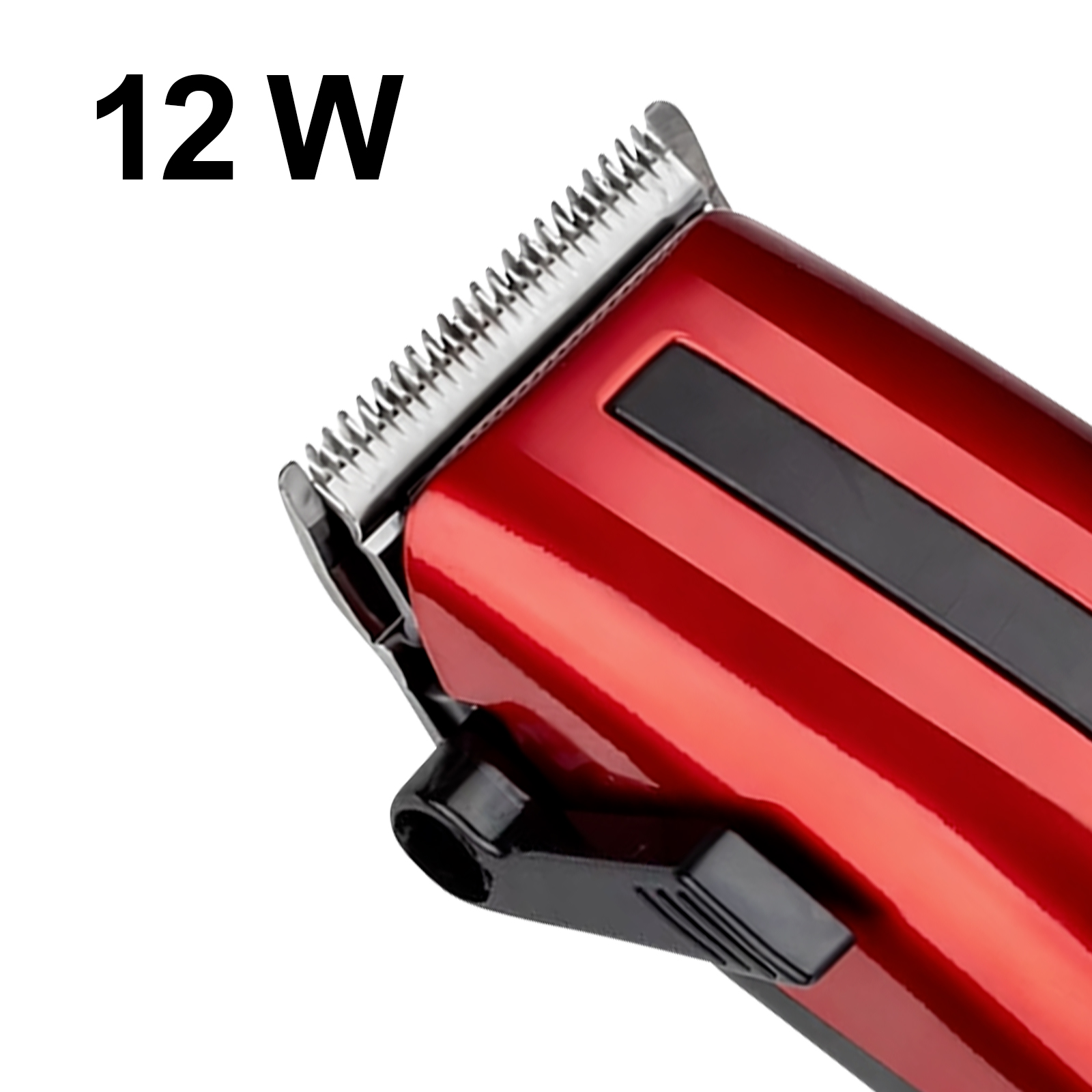 Roter Haarschneider mit Metallklingen und schwarzem Detail.