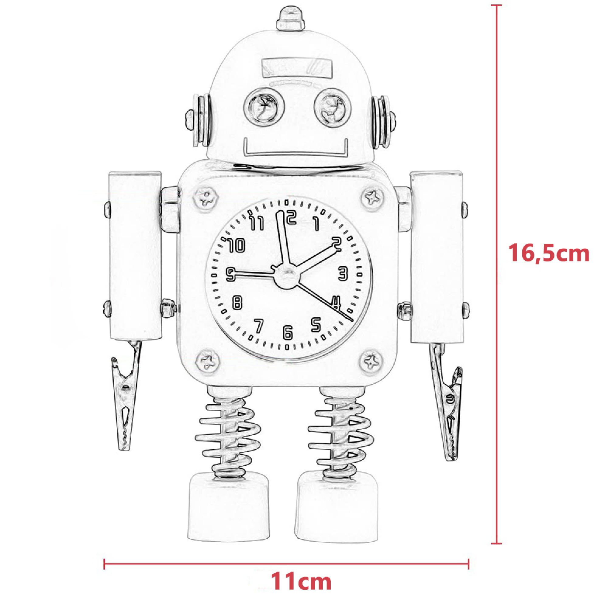 Ein Roboter-Wecker mit Federbeinen und Klammern an den Armen.