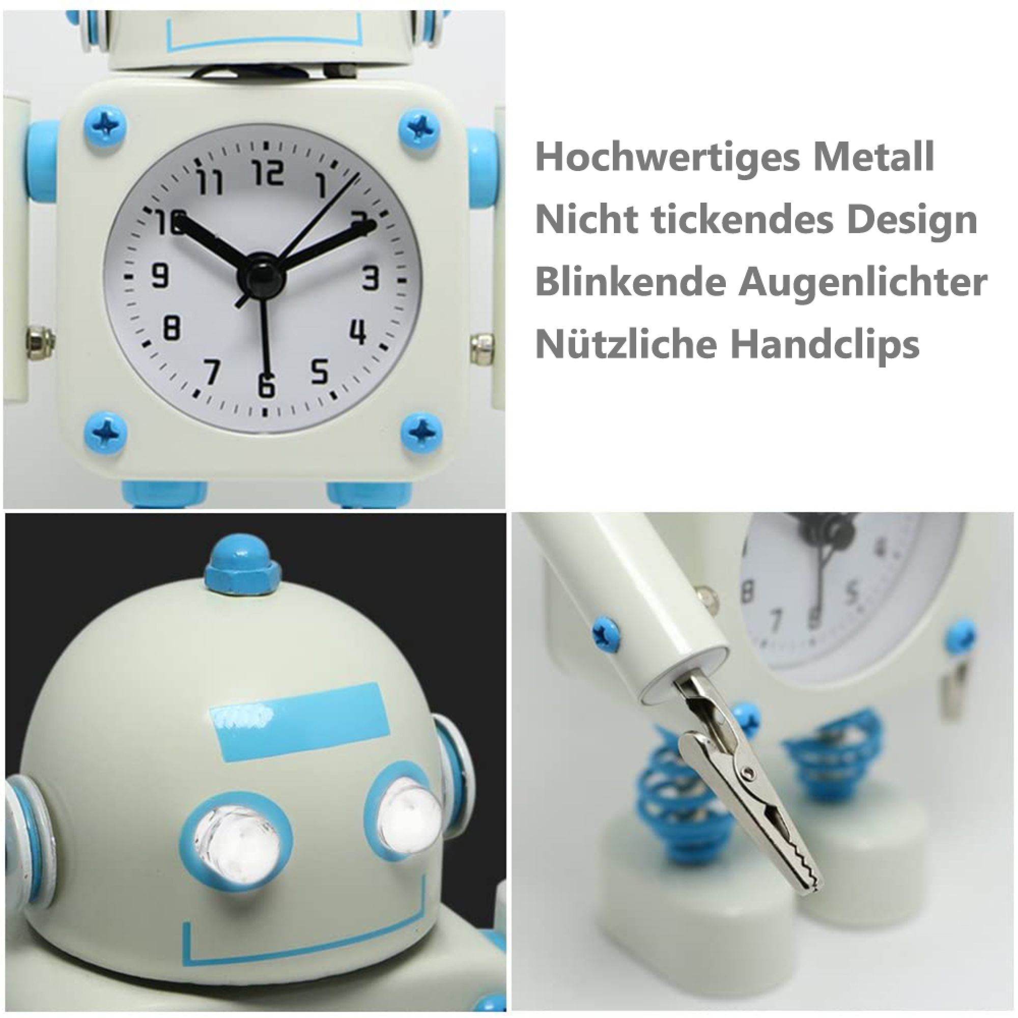 Ein weißer Roboter-Wecker mit blauen Akzenten, blinkenden Lichtern und Klammern.