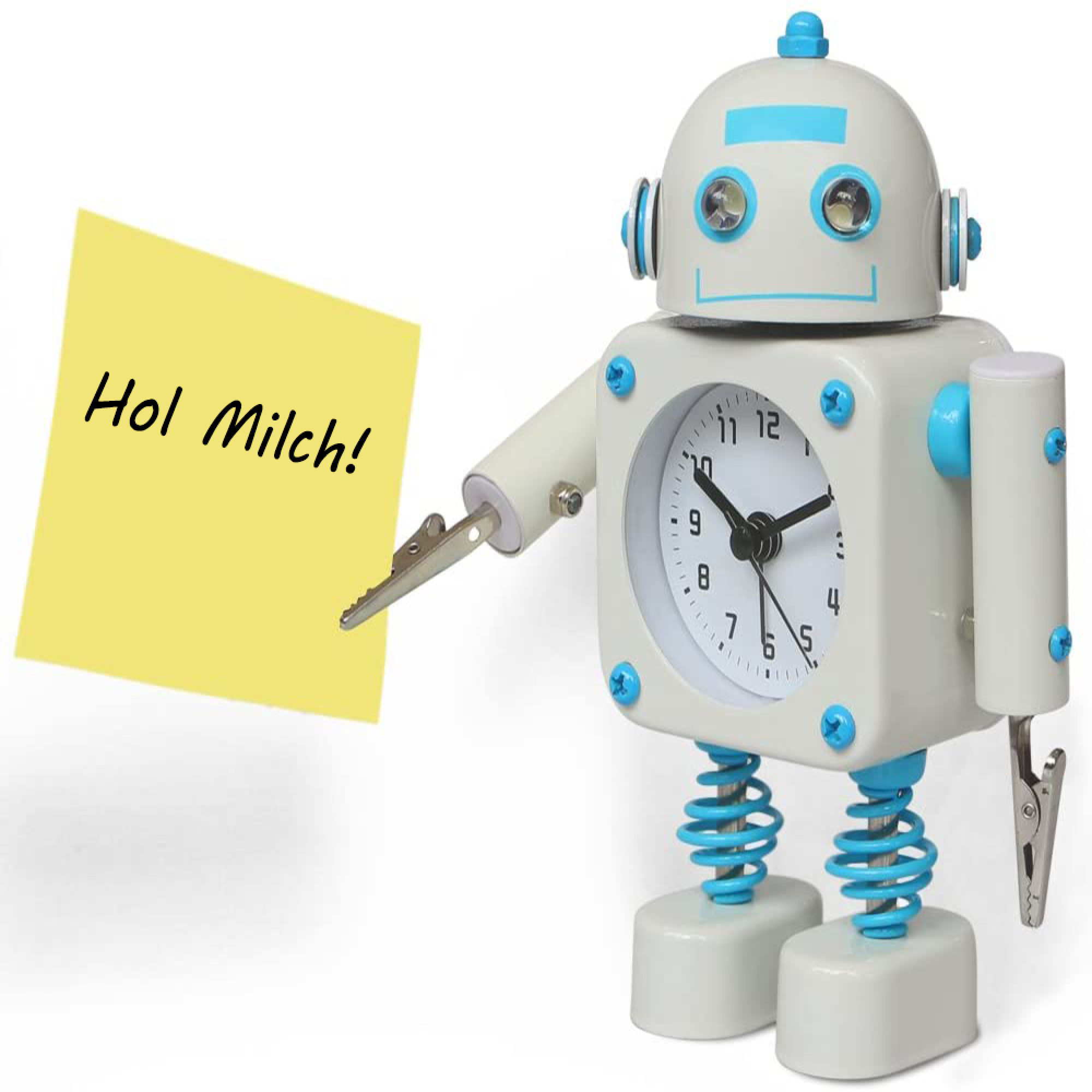 Ein Roboter-Wecker mit gelbem Zettel: "Hol Milch!"