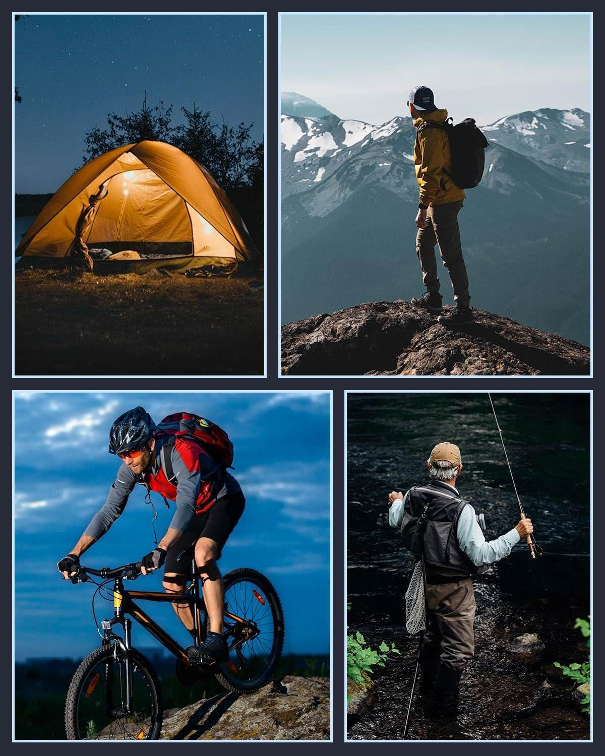 Zelt bei Nacht, Wanderer auf Berg, Radfahrer, Angler.