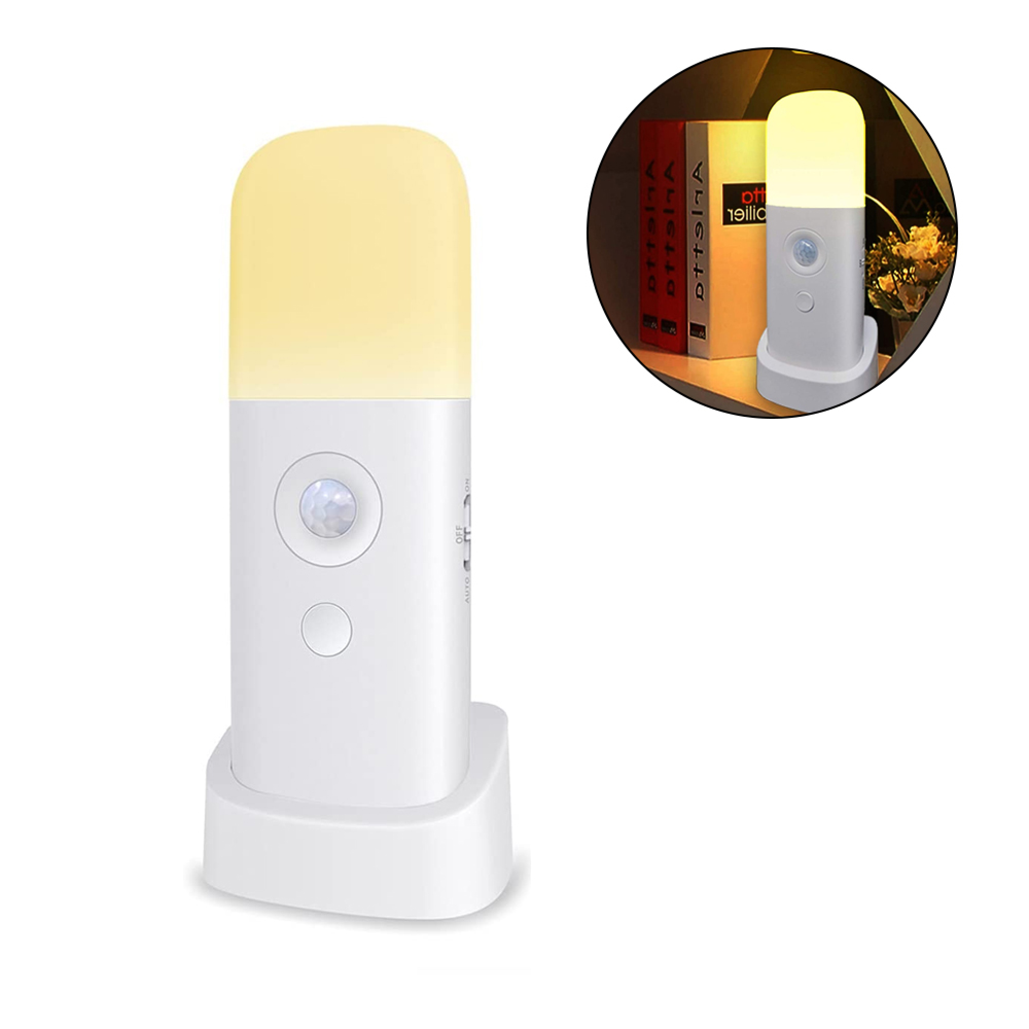 Ein weißer LED-Bewegungsmelder mit gelbem Licht, auf einem Sockel stehend.