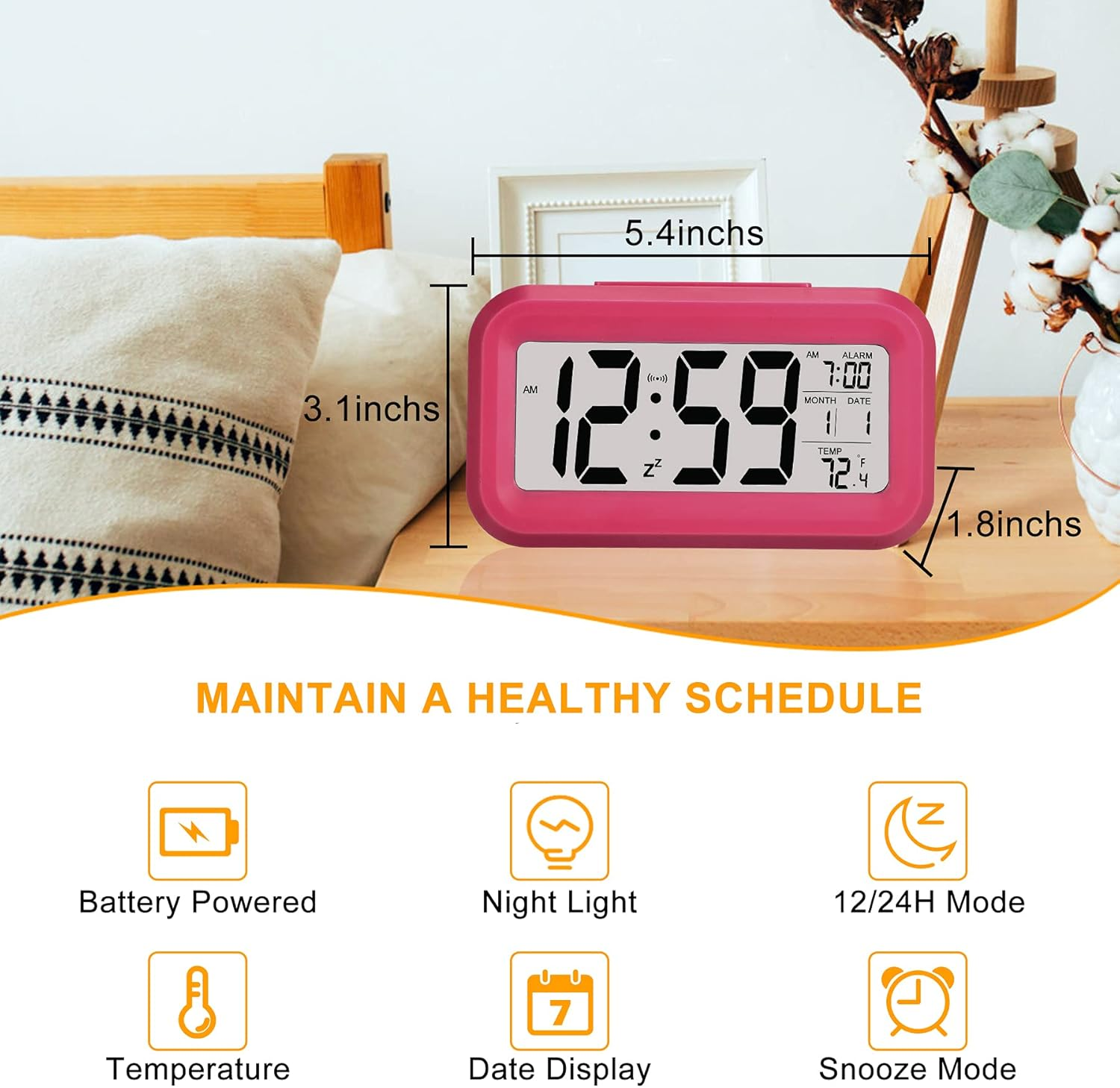 Ein pinker Digitalwecker auf einem Nachttisch zeigt 12:59 Uhr an.