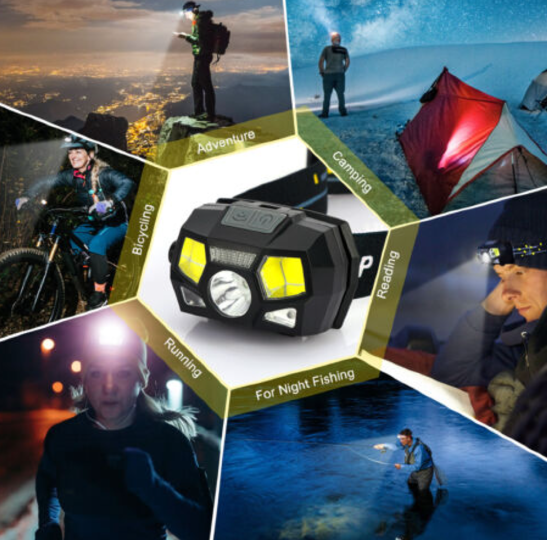 Eine Collage von Aktivitäten bei Nacht: Wandern, Radfahren, Laufen, Angeln, Lesen, Campen.