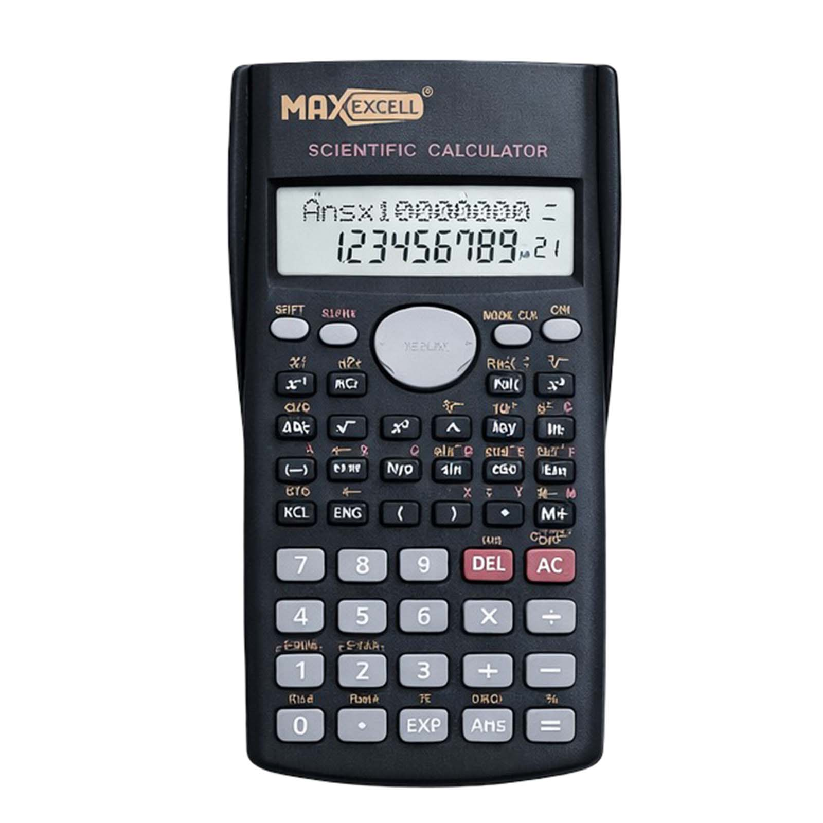 Ein schwarzer wissenschaftlicher Taschenrechner mit einem LCD-Display, das Zahlen zeigt.
