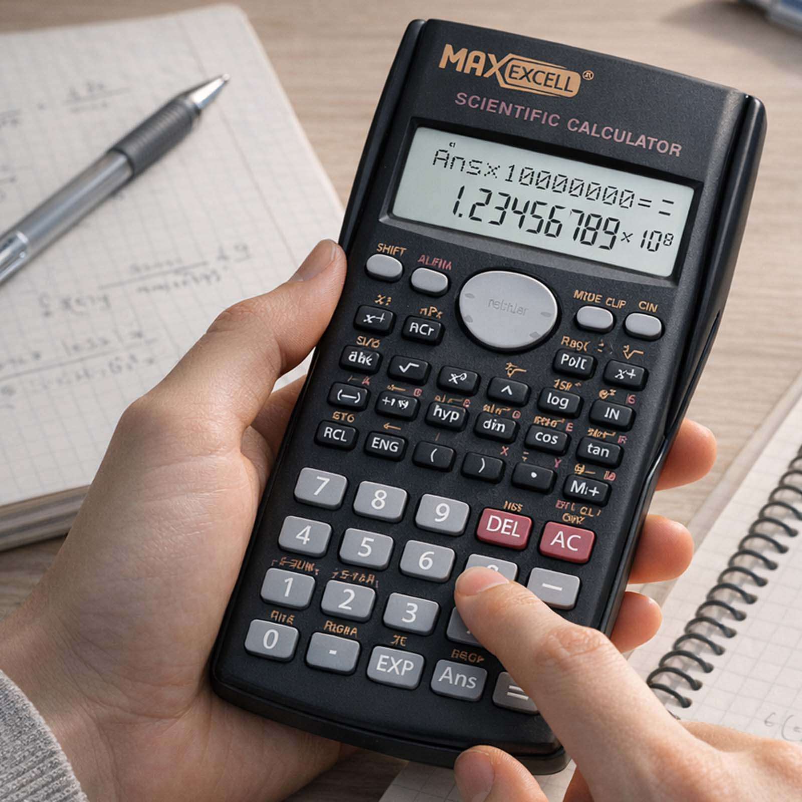 Eine Hand benutzt einen wissenschaftlichen Taschenrechner mit der Anzeige '1.23456789 x 10^8'.