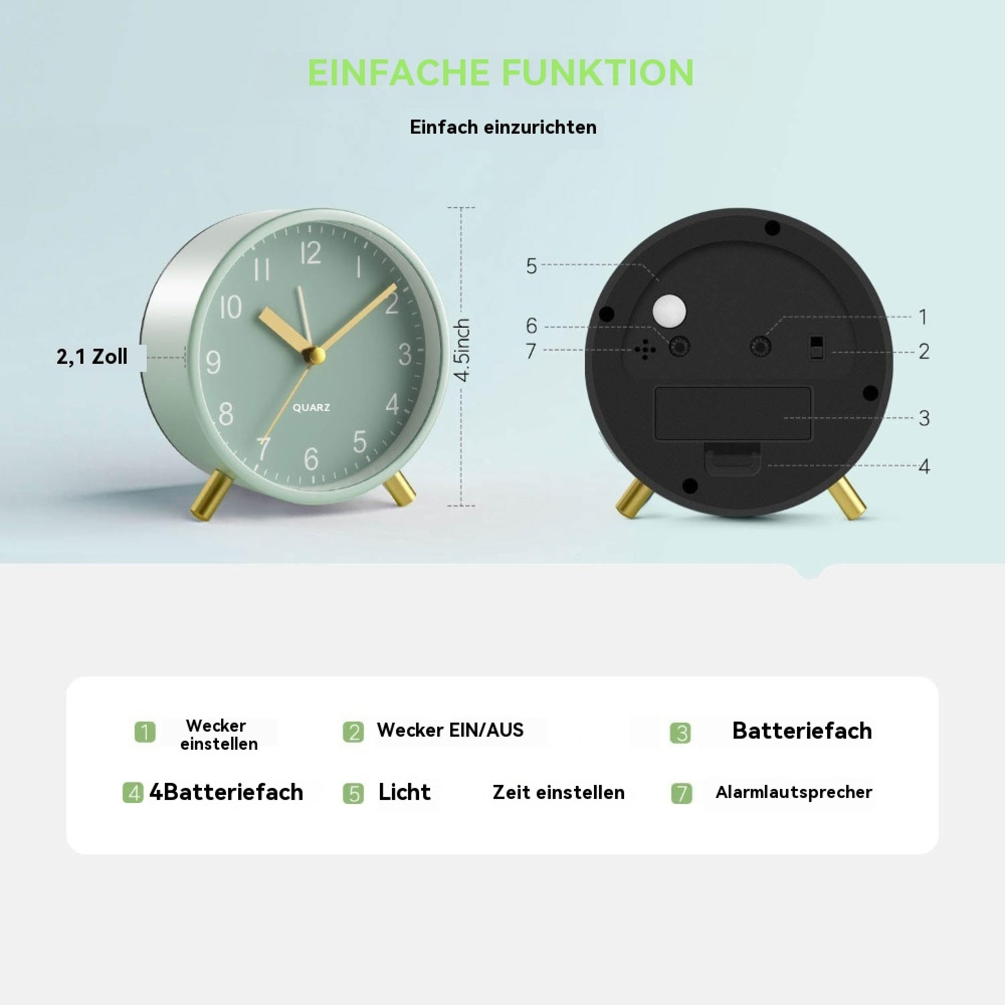 Ein grüner Wecker mit goldenen Füßen und Zeigern, Rückseite mit Beschriftungen.