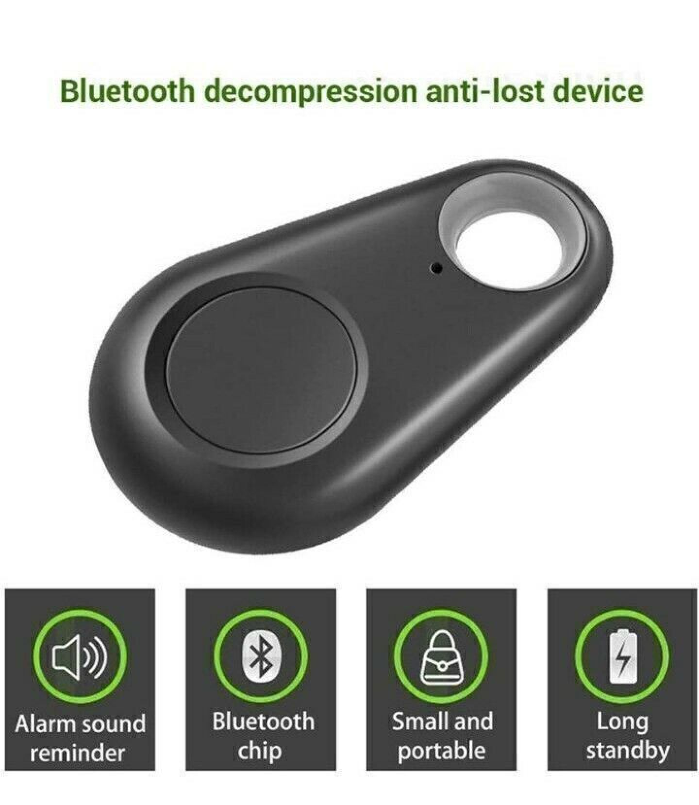 Ein schwarzes Bluetooth-Anti-Verlust-Gerät mit vier Symbolen: Alarm, Bluetooth, Tasche, Akku.