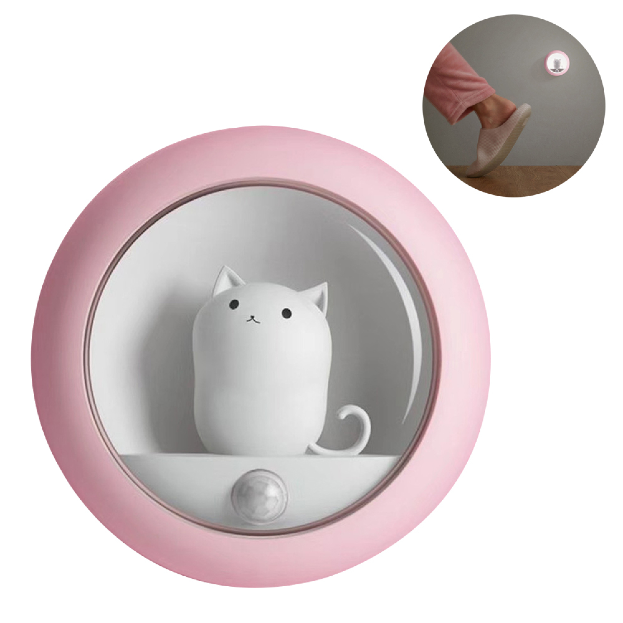 Ein rosa Nachtlicht in Katzenform mit Bewegungssensor.