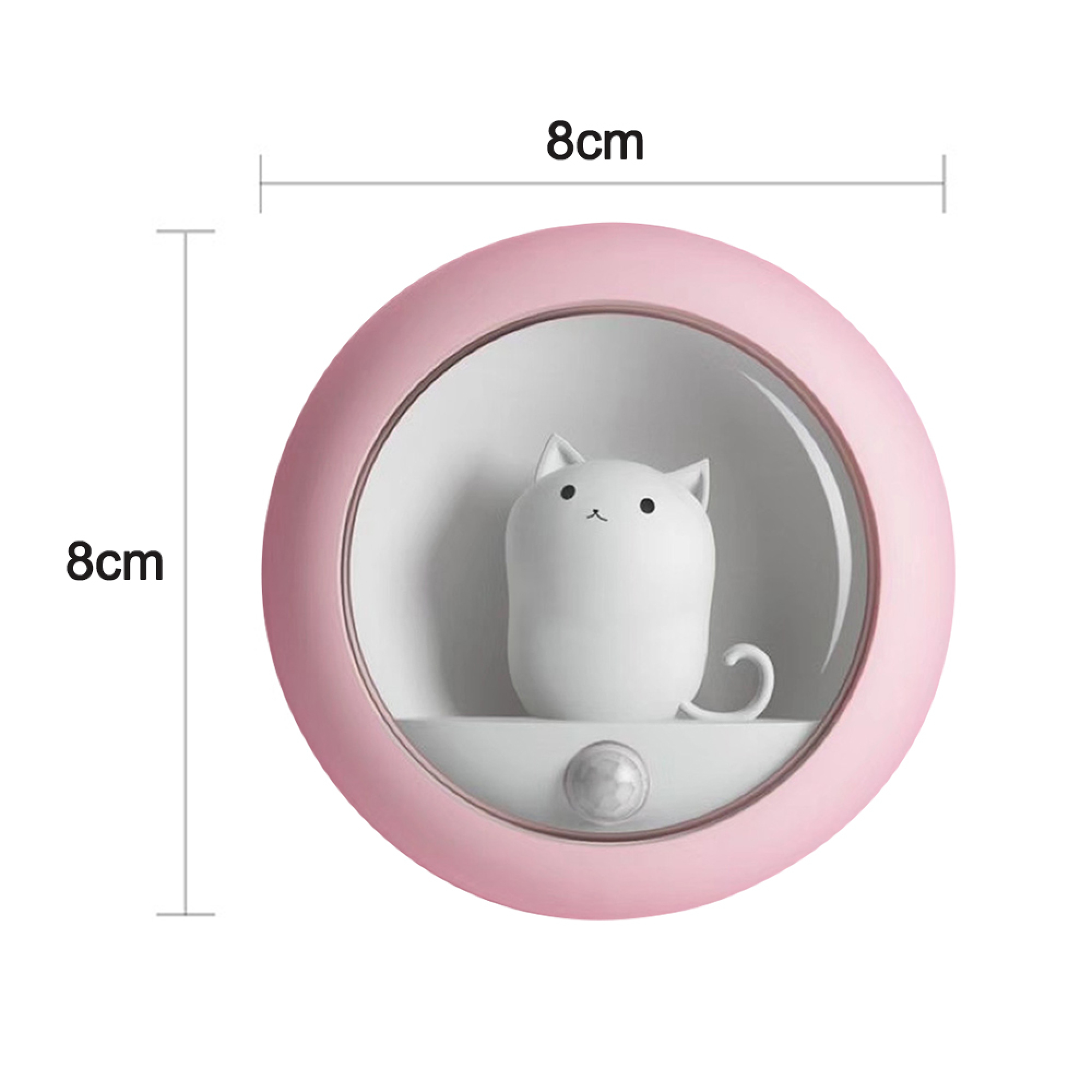 Ein 8cm runder rosa Nachtlicht mit einem weißen Katzenmotiv.